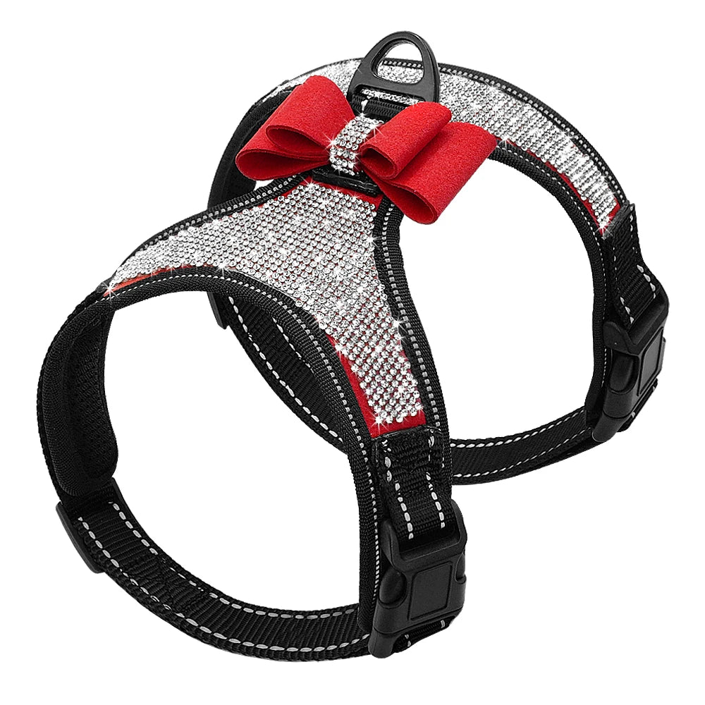 Rhinestone Bling Dog Harness with Bowknot – Reflective Nylon Vest for Small & Medium Dogs