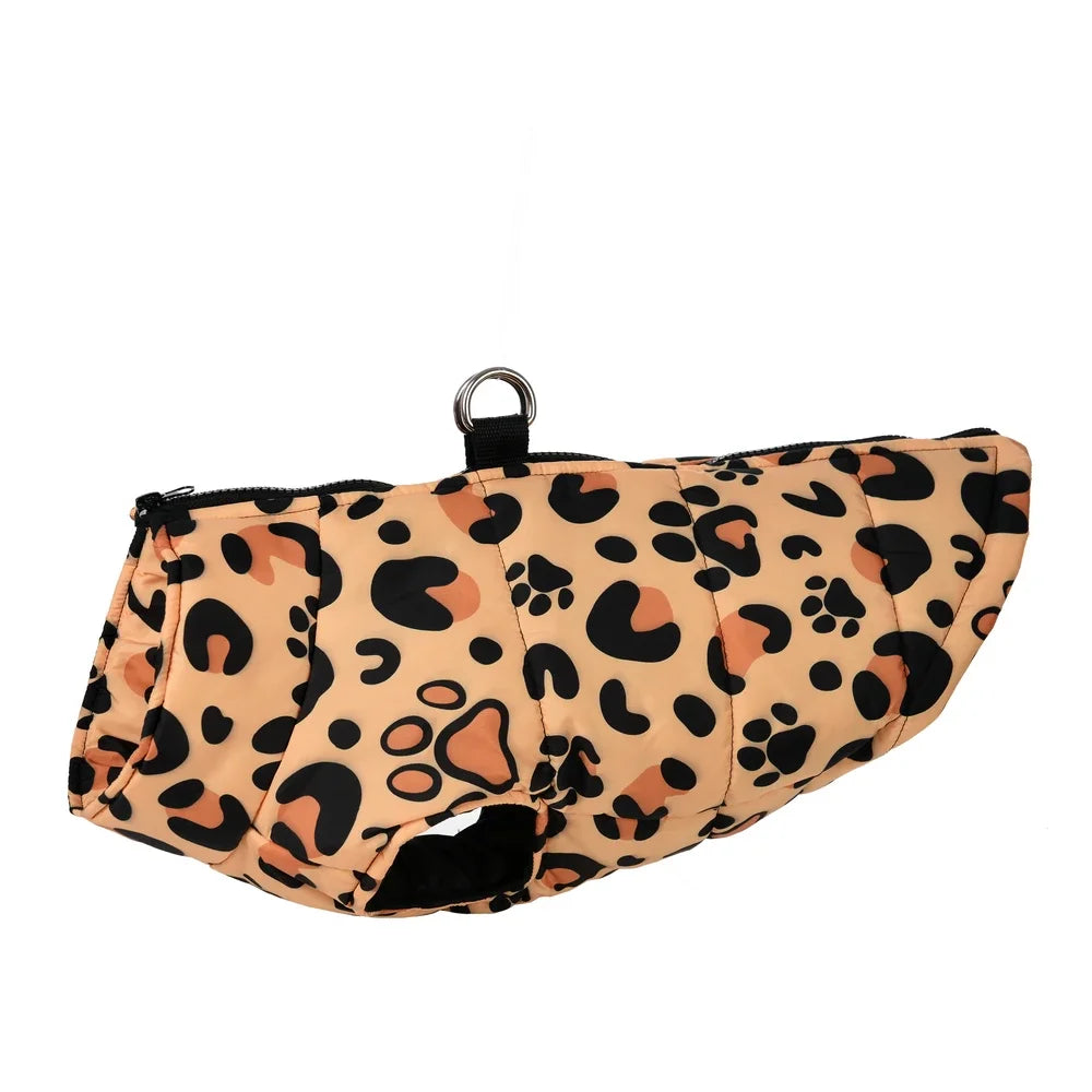 Leopard & Butterfly Print Waterproof Pet Coat with D-Ring – Winter Jacket for Dogs & Cats