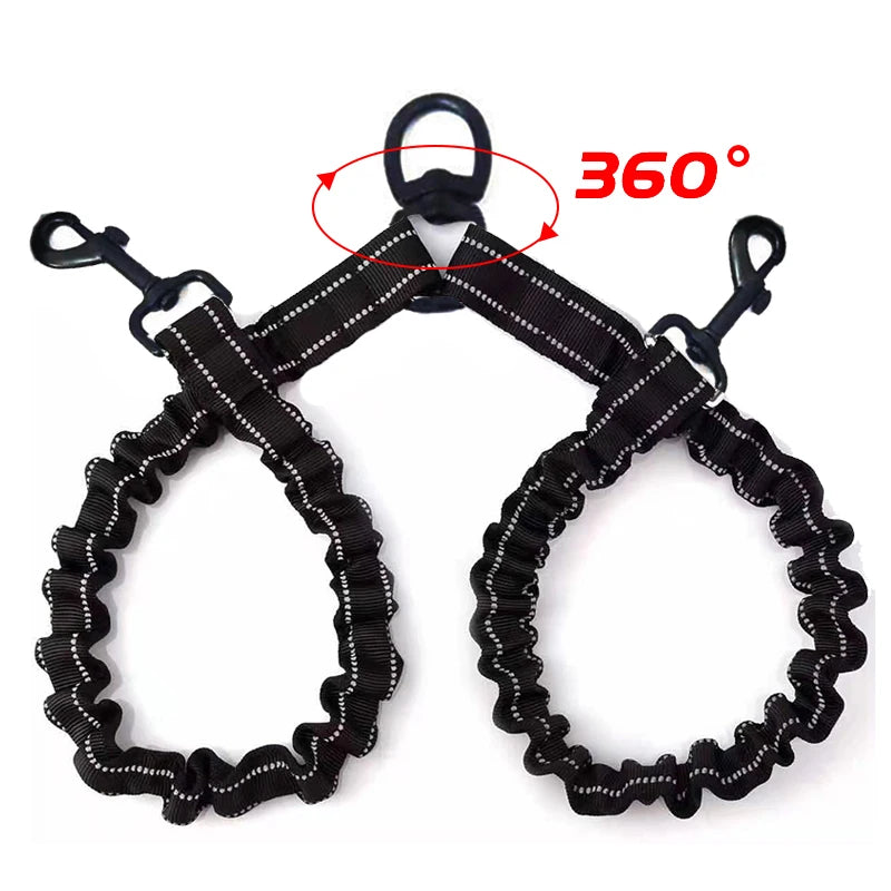 Dual Dog Leash No Tangle Strong Pet Leashes Rope Shock Absorbing Elastic Nylon Lead Reflective for Double Two Small Large Dogs