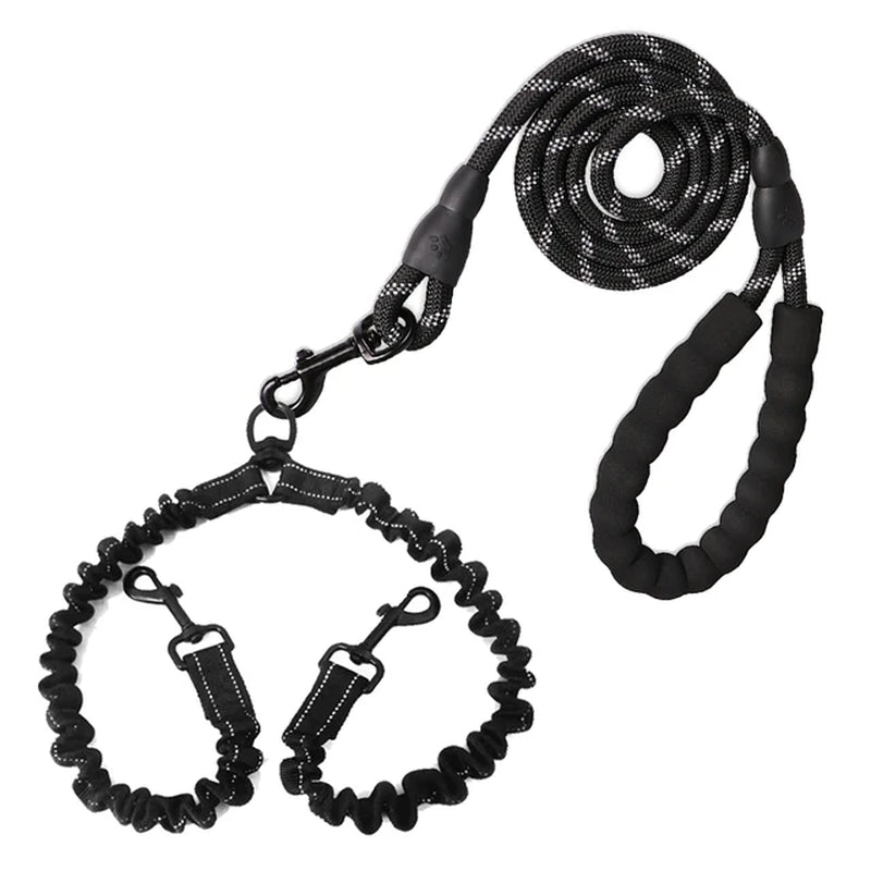 Dual Dog Leash No Tangle Strong Pet Leashes Rope Shock Absorbing Elastic Nylon Lead Reflective for Double Two Small Large Dogs
