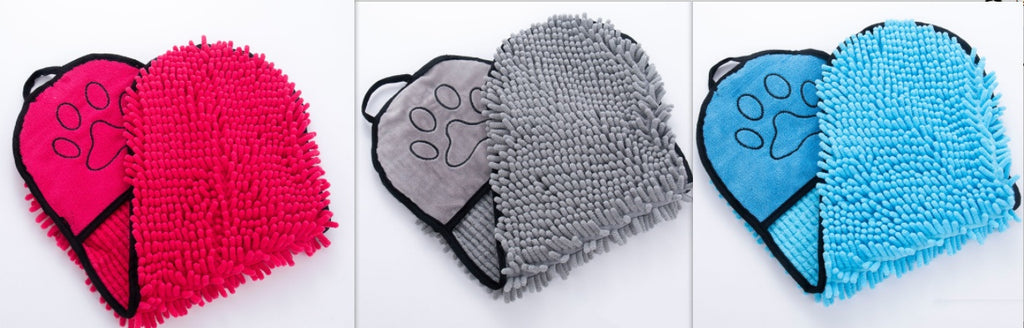 Three microfiber cleaning mitts in pink, gray, and blue with paw prints on a white background.