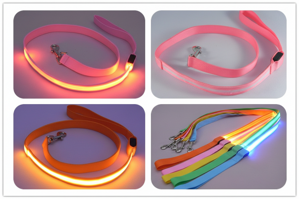 Set of LED dog leashes in various colors on a white background