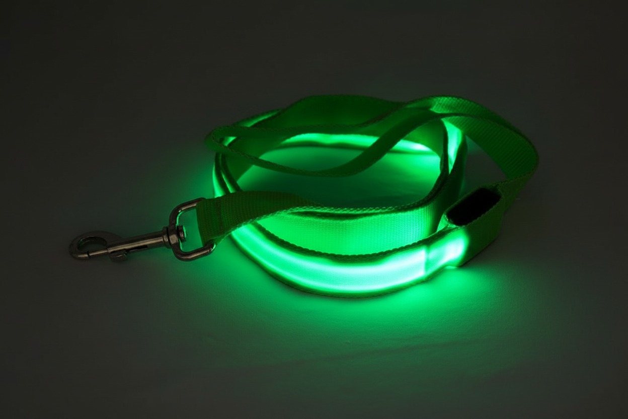 Green LED dog leash on a gray background