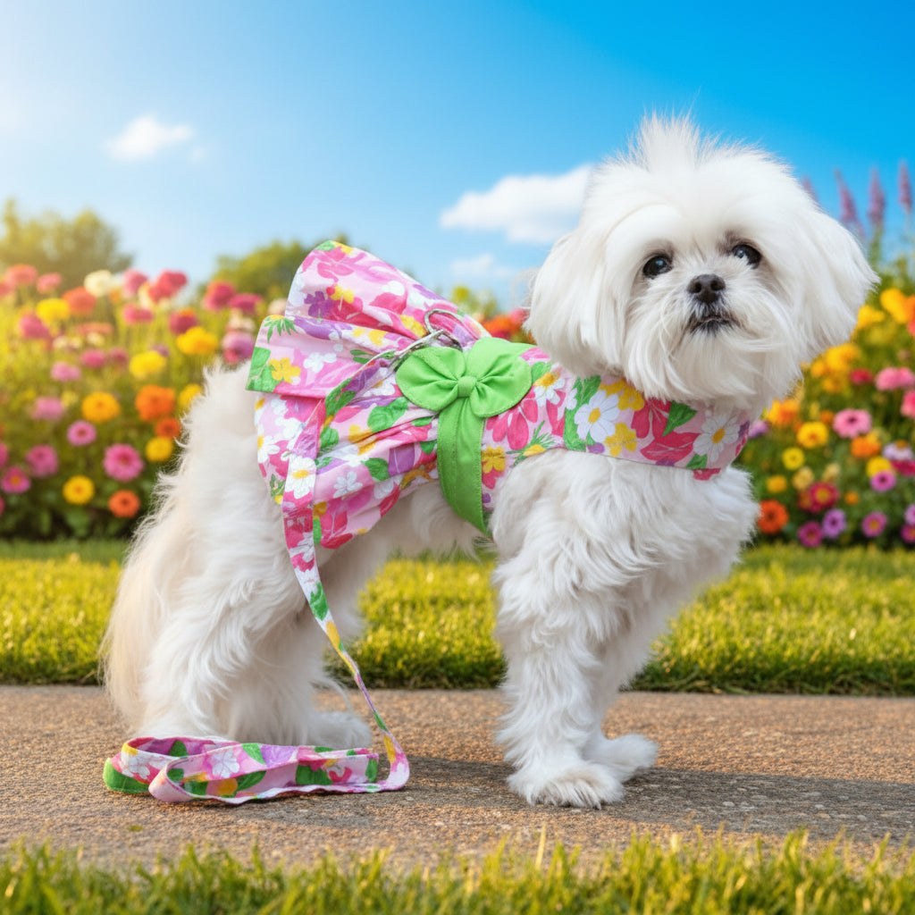 Small white dog wearing a colorful outfit with a green bow on a leash.