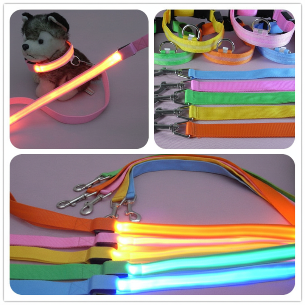 Colorful LED dog leashes with a dog wearing one, displayed in various colors.