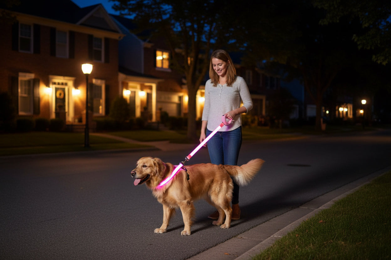 Pink LED dog leash on a street at night background