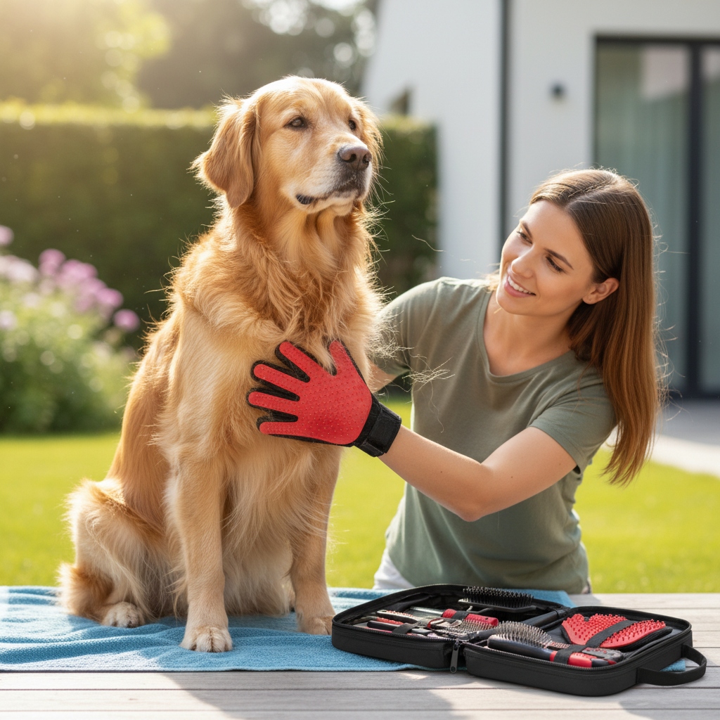 Woman petting a dog with a grooming glove, with a grooming kit on a table outdoors.