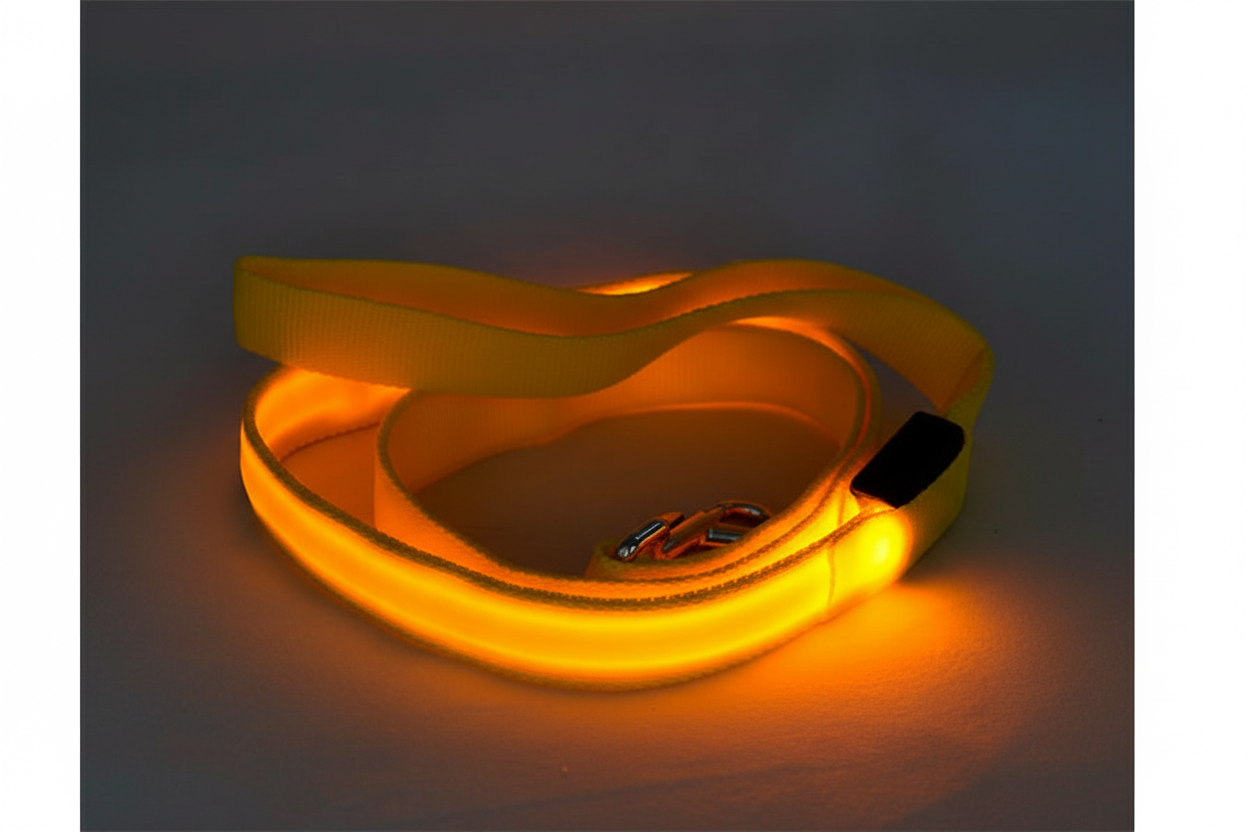 Glowing yellow dog leash on a dark background