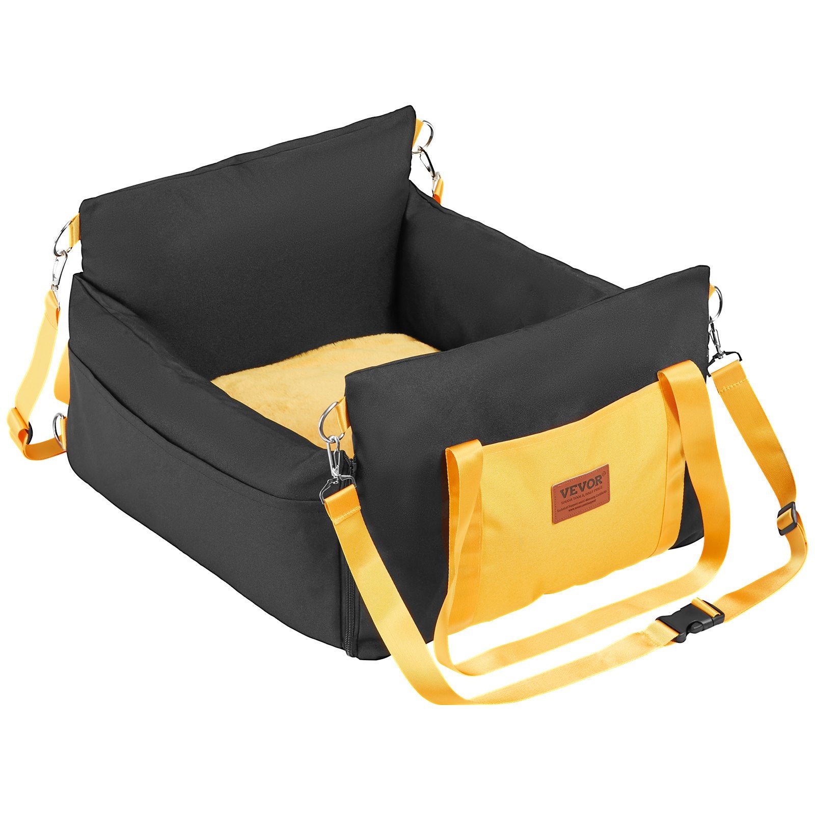 Black and yellow pet carrier with straps on a white background