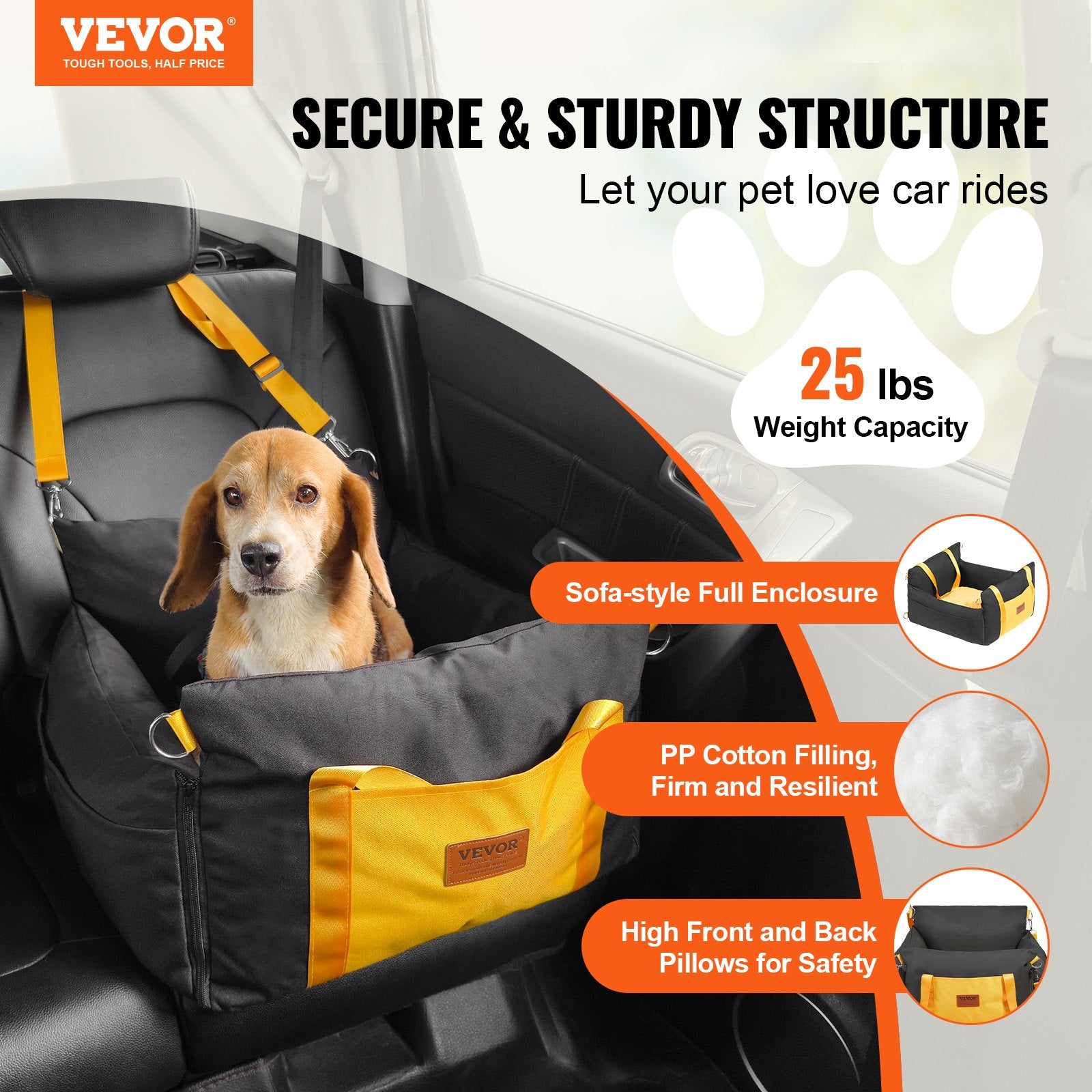 Pet car seat cover with VEVOR branding and features highlighted on a car seat.