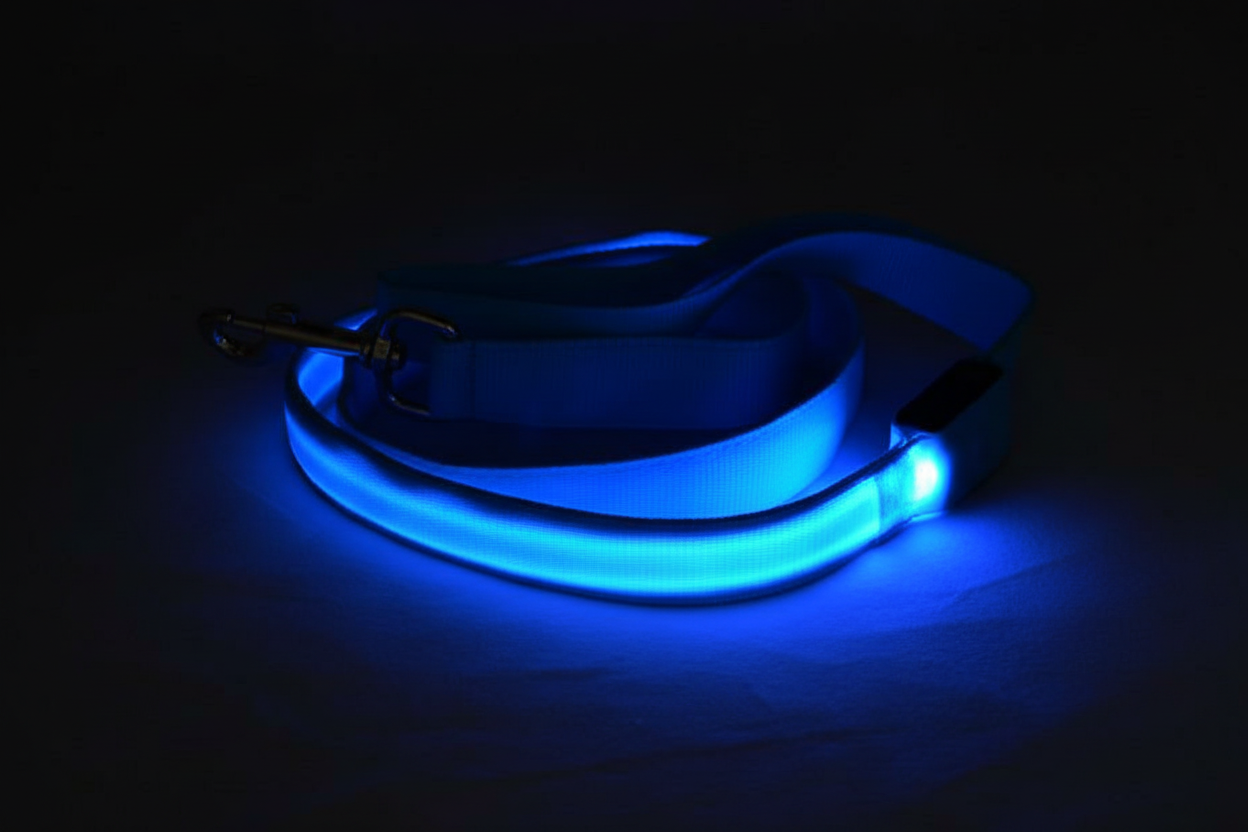 Blue LED dog leash glowing in the dark on a black background