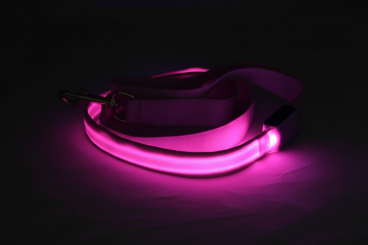 Pink LED dog leash glowing on a dark background