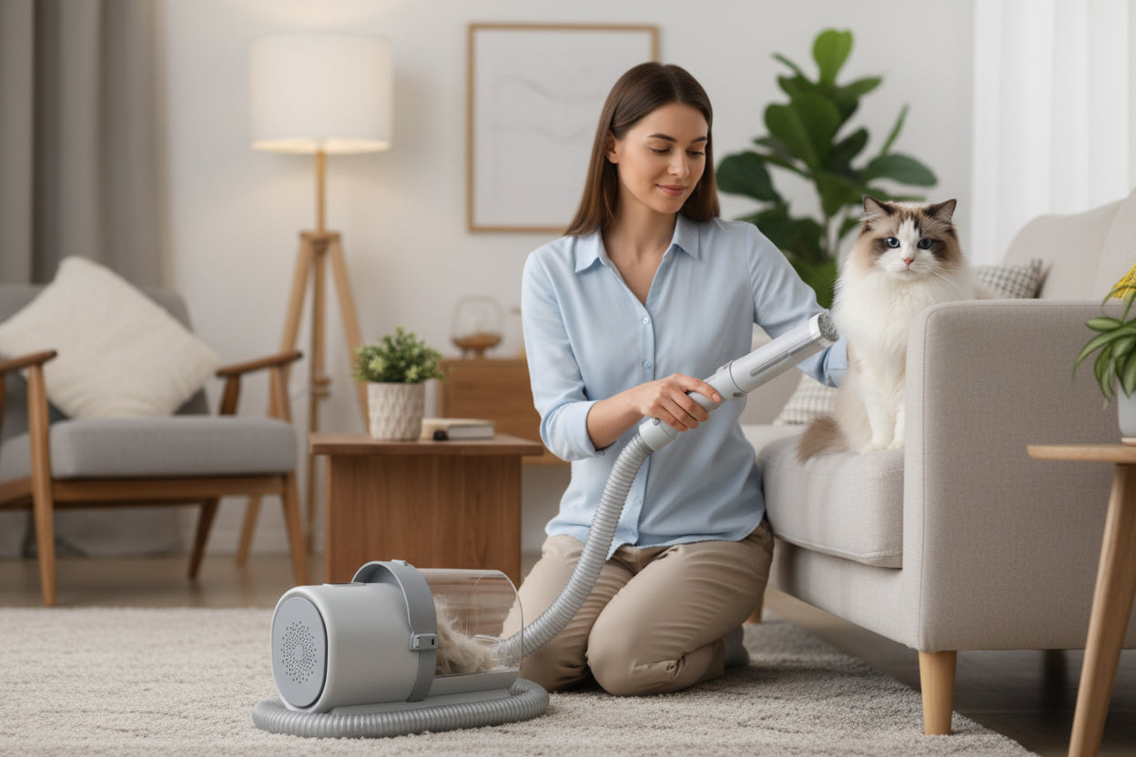 Pet grooming tool with attachments on a white background