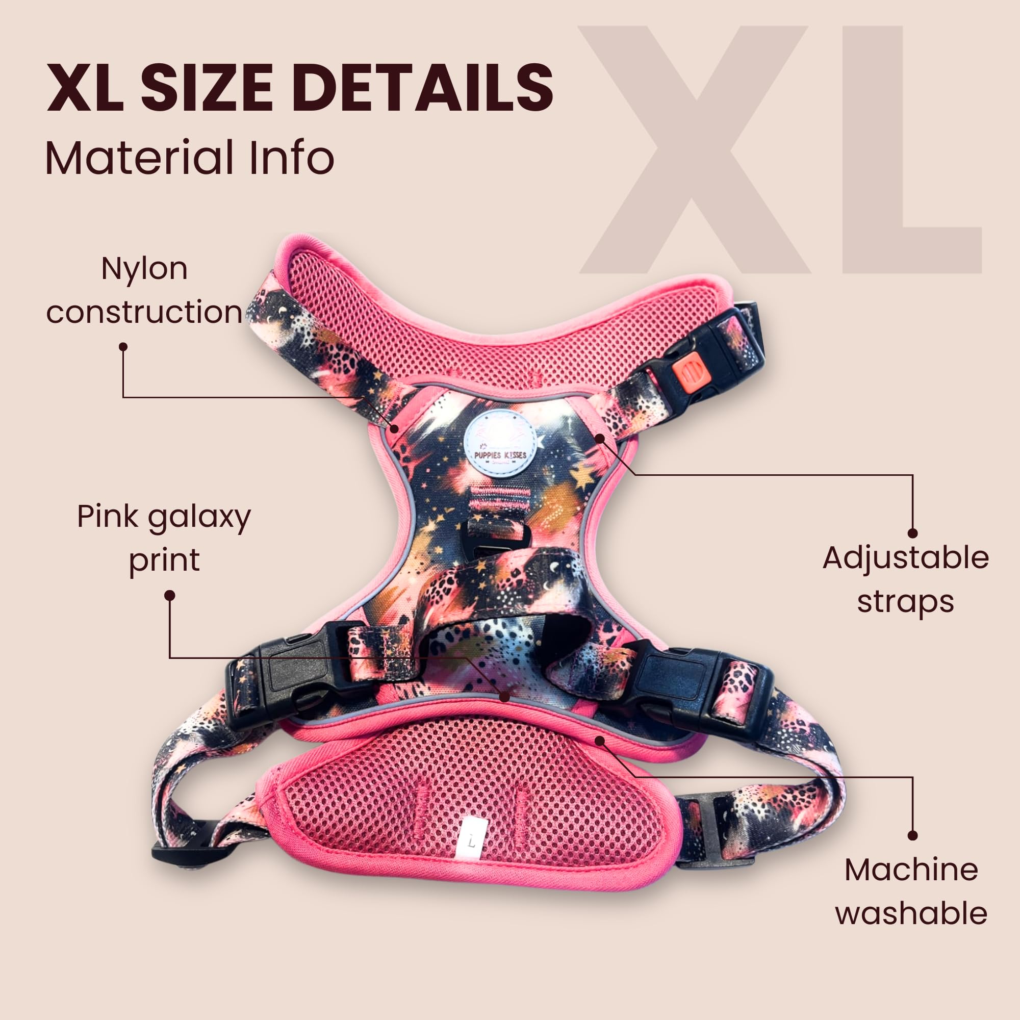 Pink galaxy print dog harness with size details on a beige background