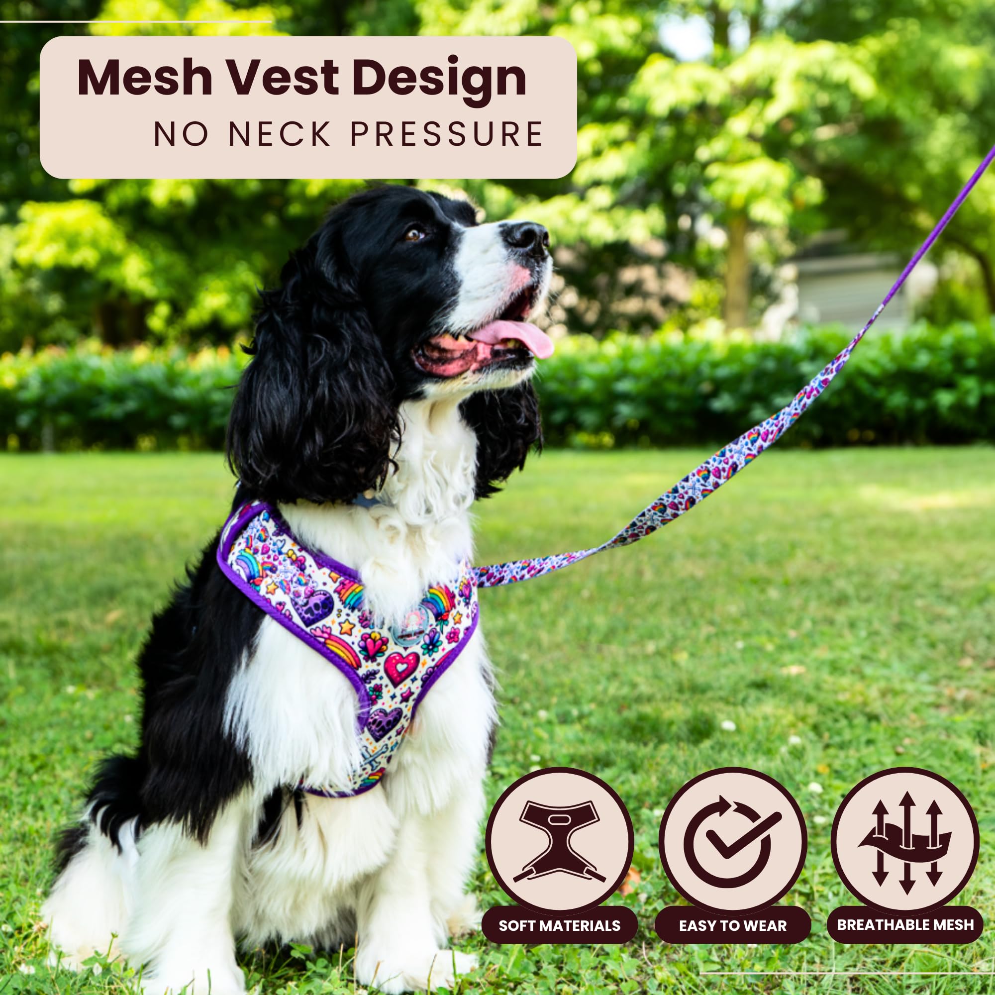 Dog wearing a colorful mesh vest in a grassy outdoor setting with text about the product features.