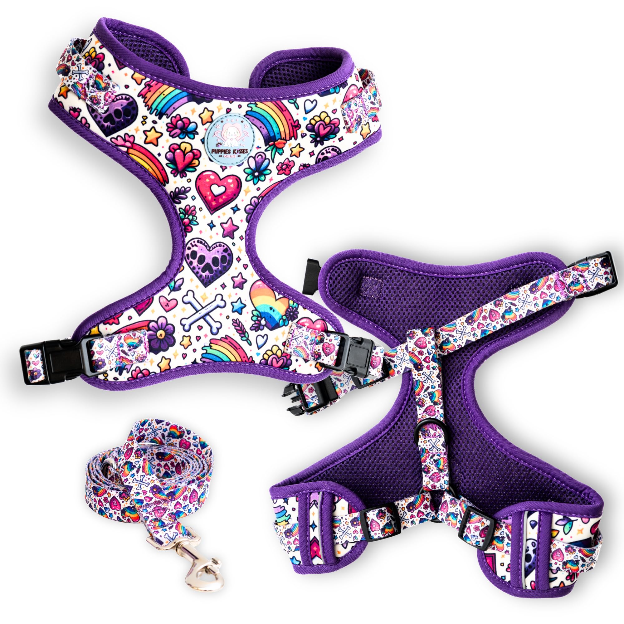 Dog harness and leash set with colorful pattern on a white background