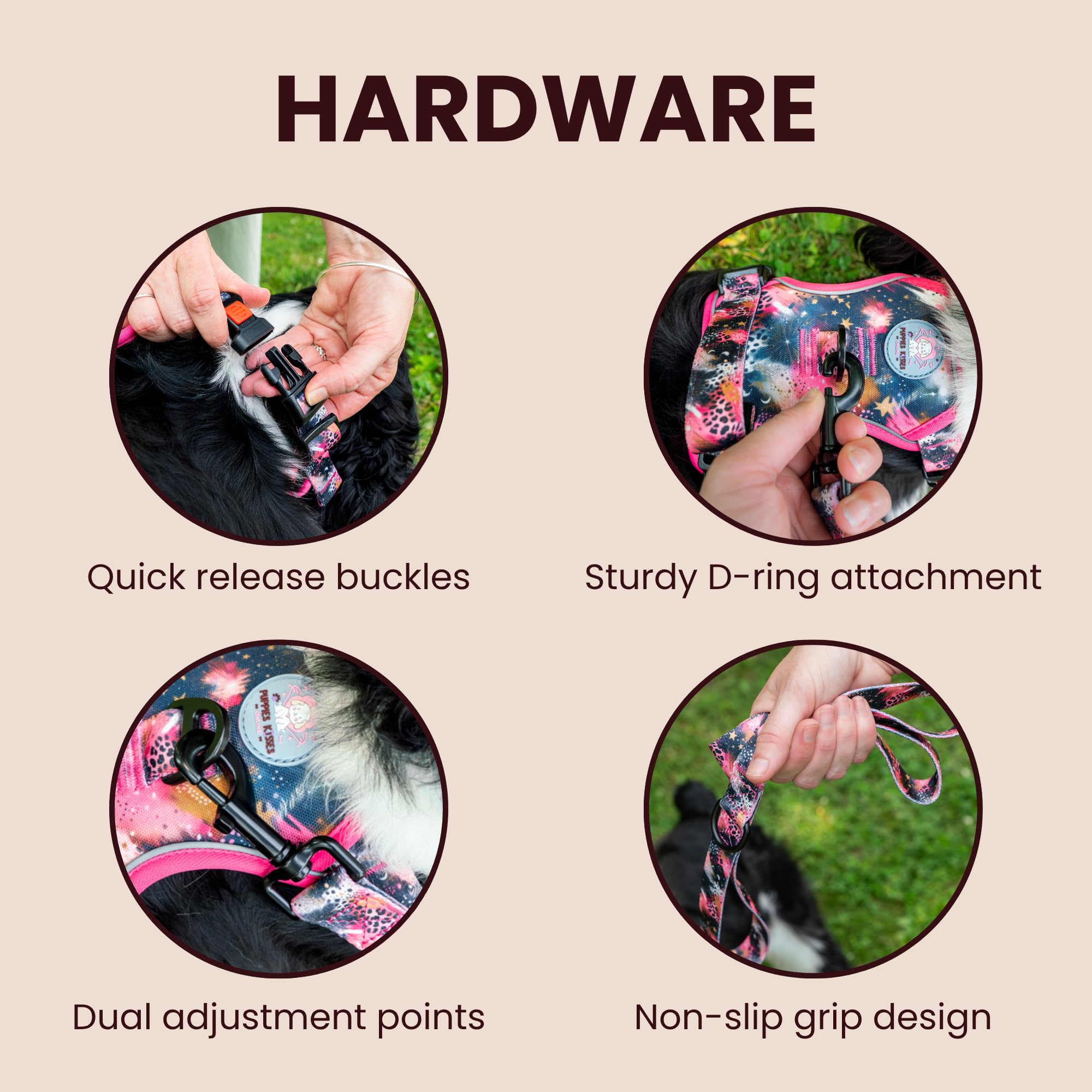 Dog harness hardware features with quick release buckles, sturdy D-ring attachment, dual adjustment points, and non-slip grip design.