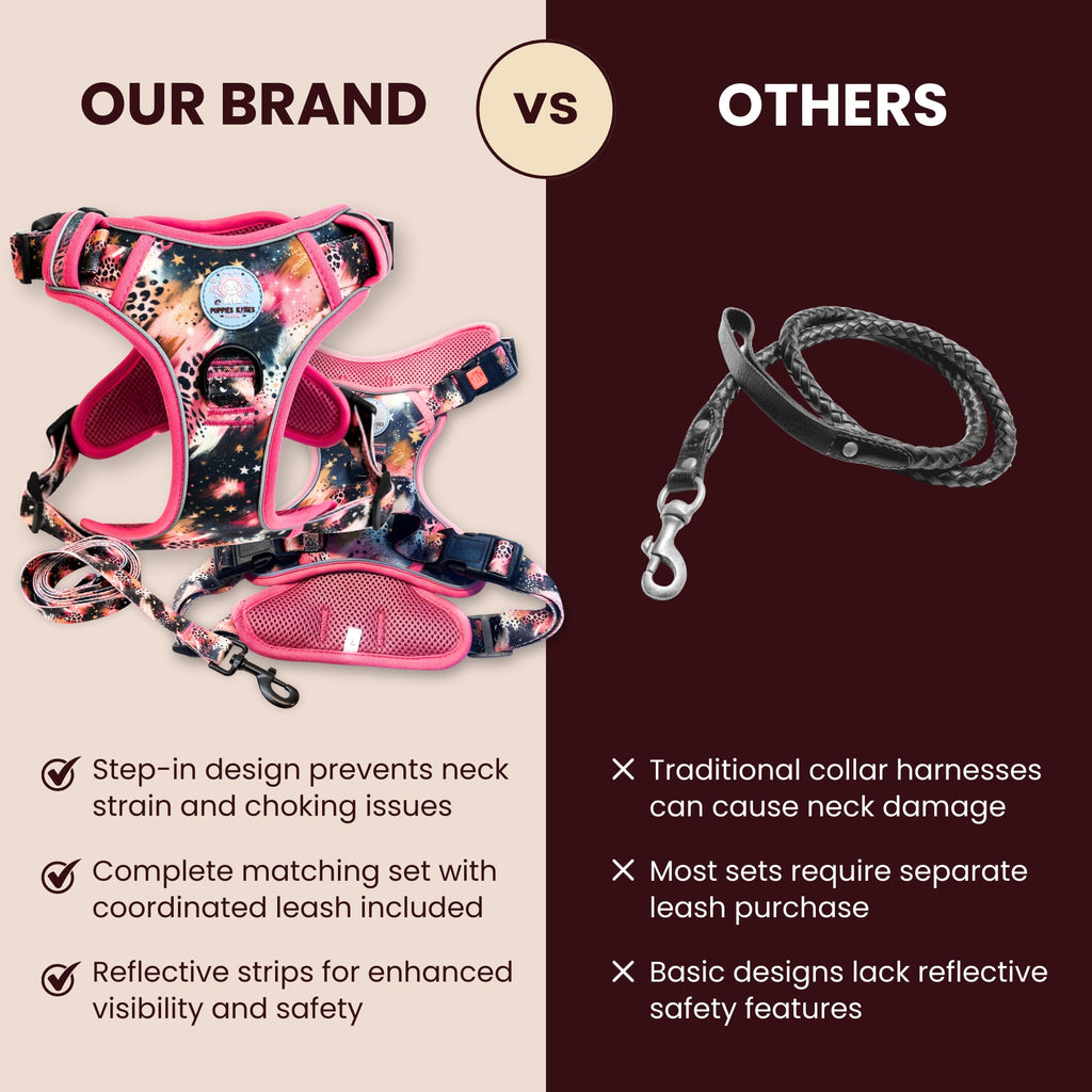 Comparison of a branded dog harness and leash set with traditional collars and leashes on a beige and brown background.