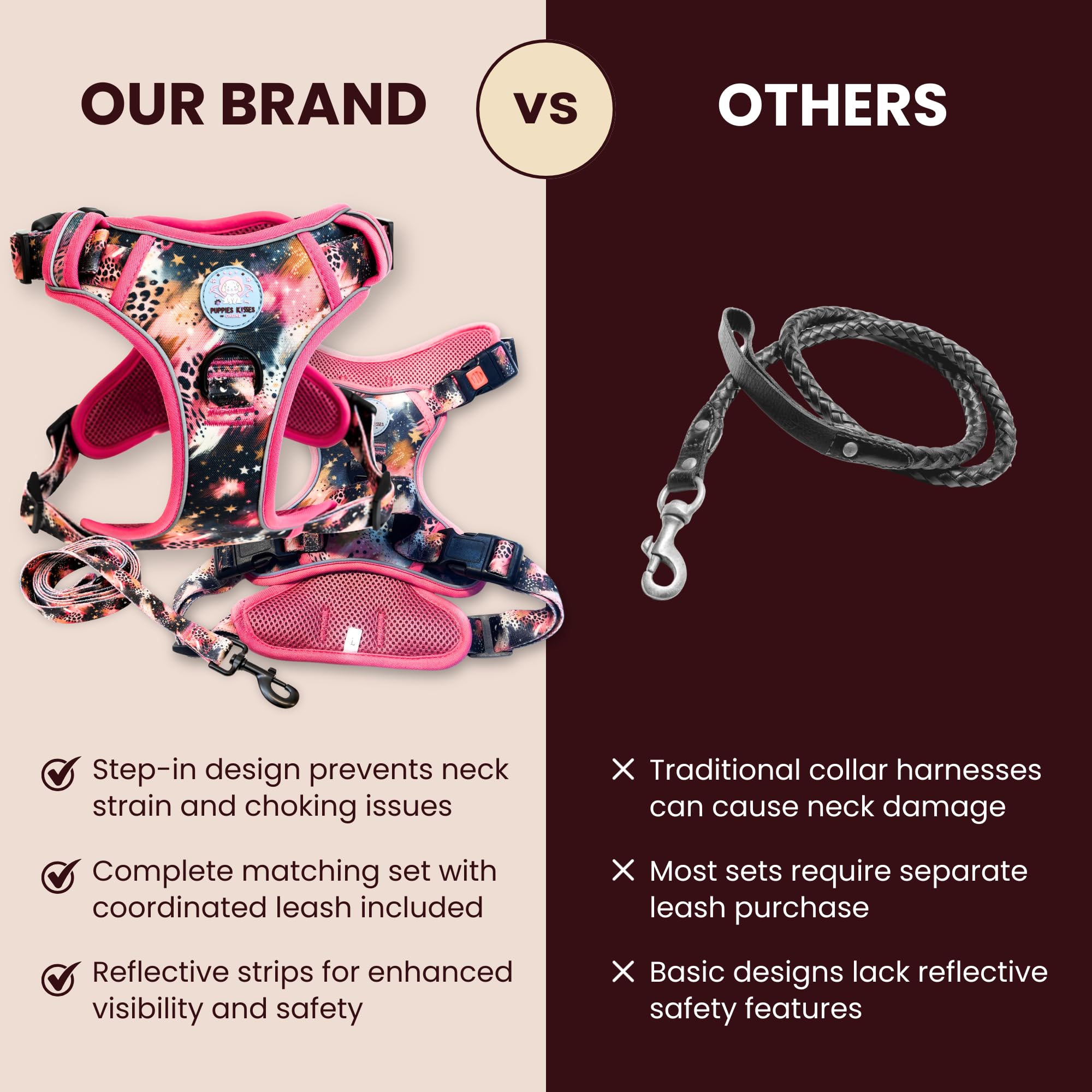 Comparison of a branded dog harness and leash set with traditional collars and leashes on a beige and brown background.