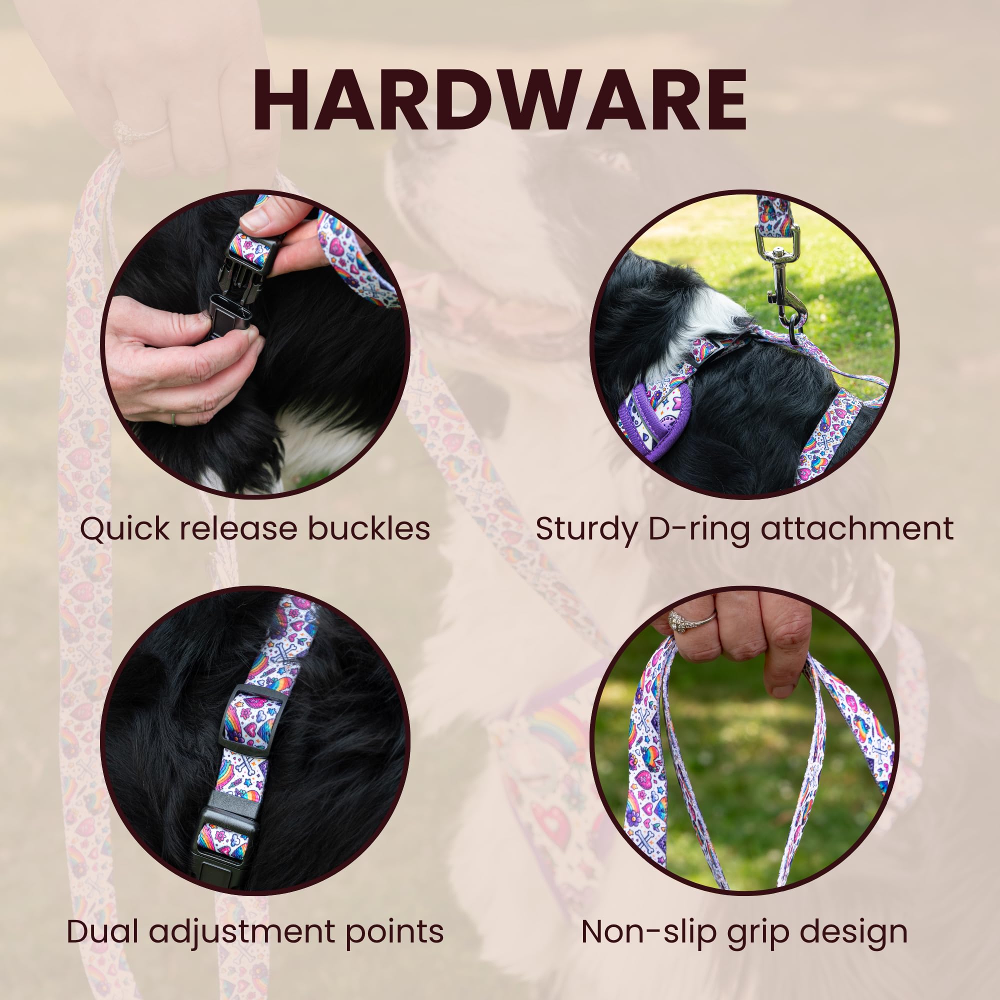 Dog leash with hardware features including quick release buckles, sturdy D-ring attachment, dual adjustment points, and non-slip grip design.
