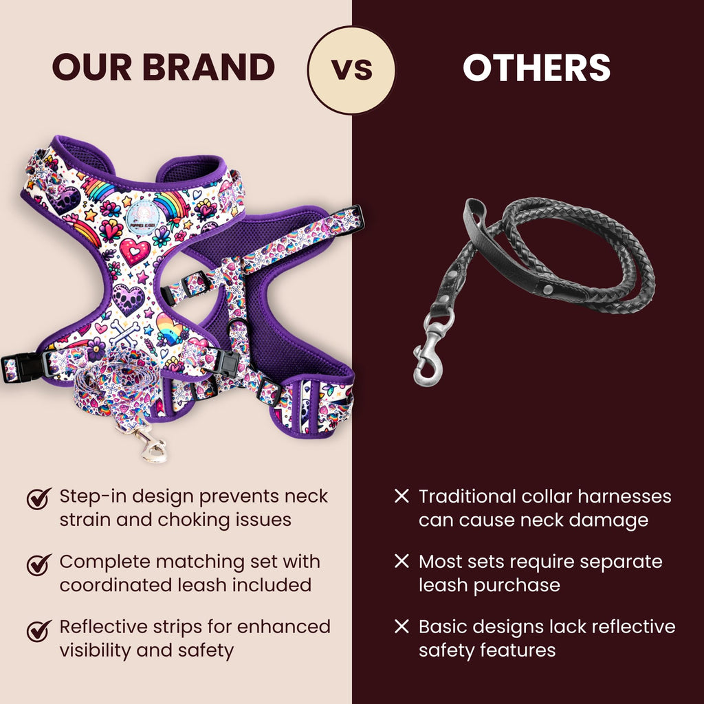 Comparison of a branded dog harness and leash set with traditional options on a beige and brown background.