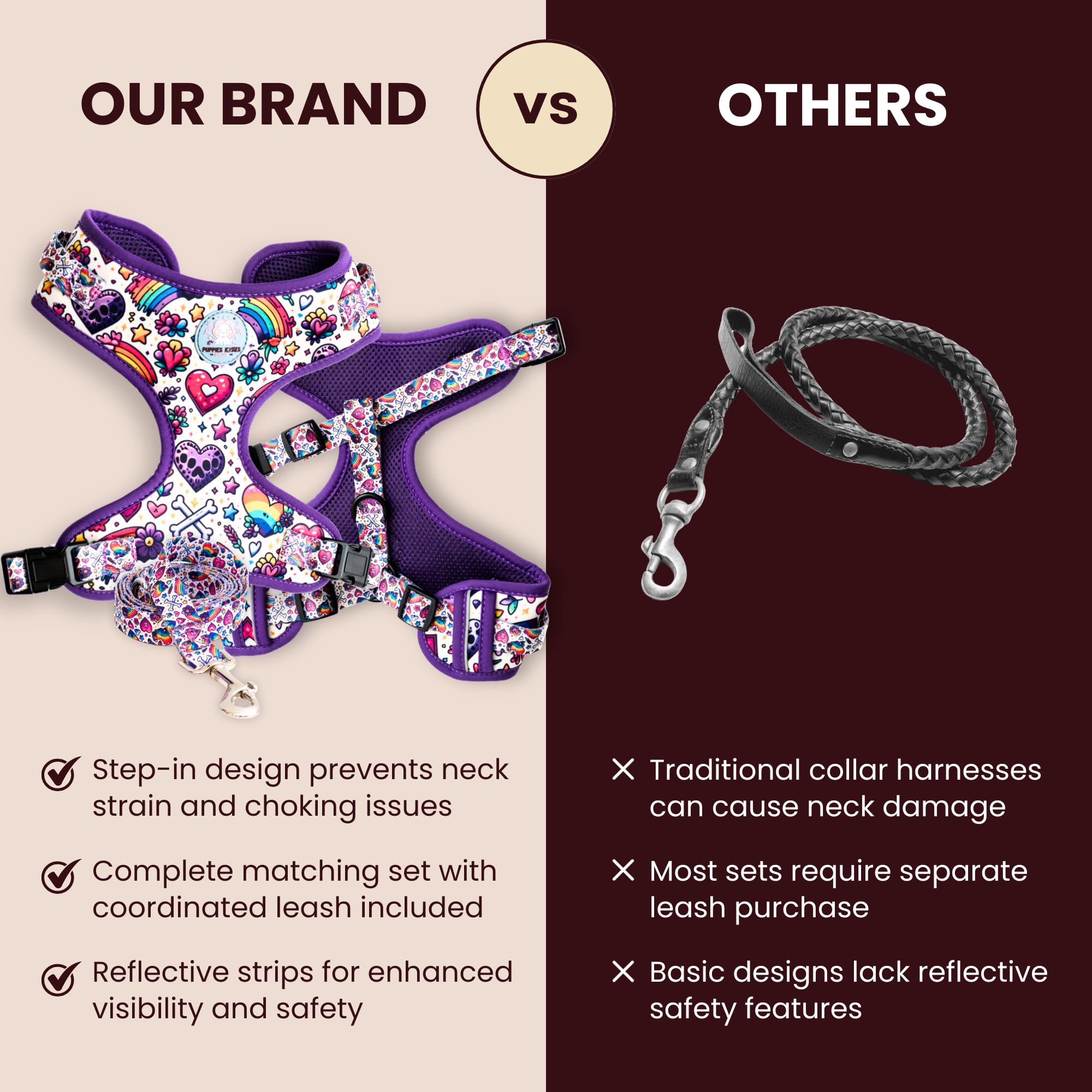 Comparison of a branded dog harness and leash set with traditional options on a beige and brown background.