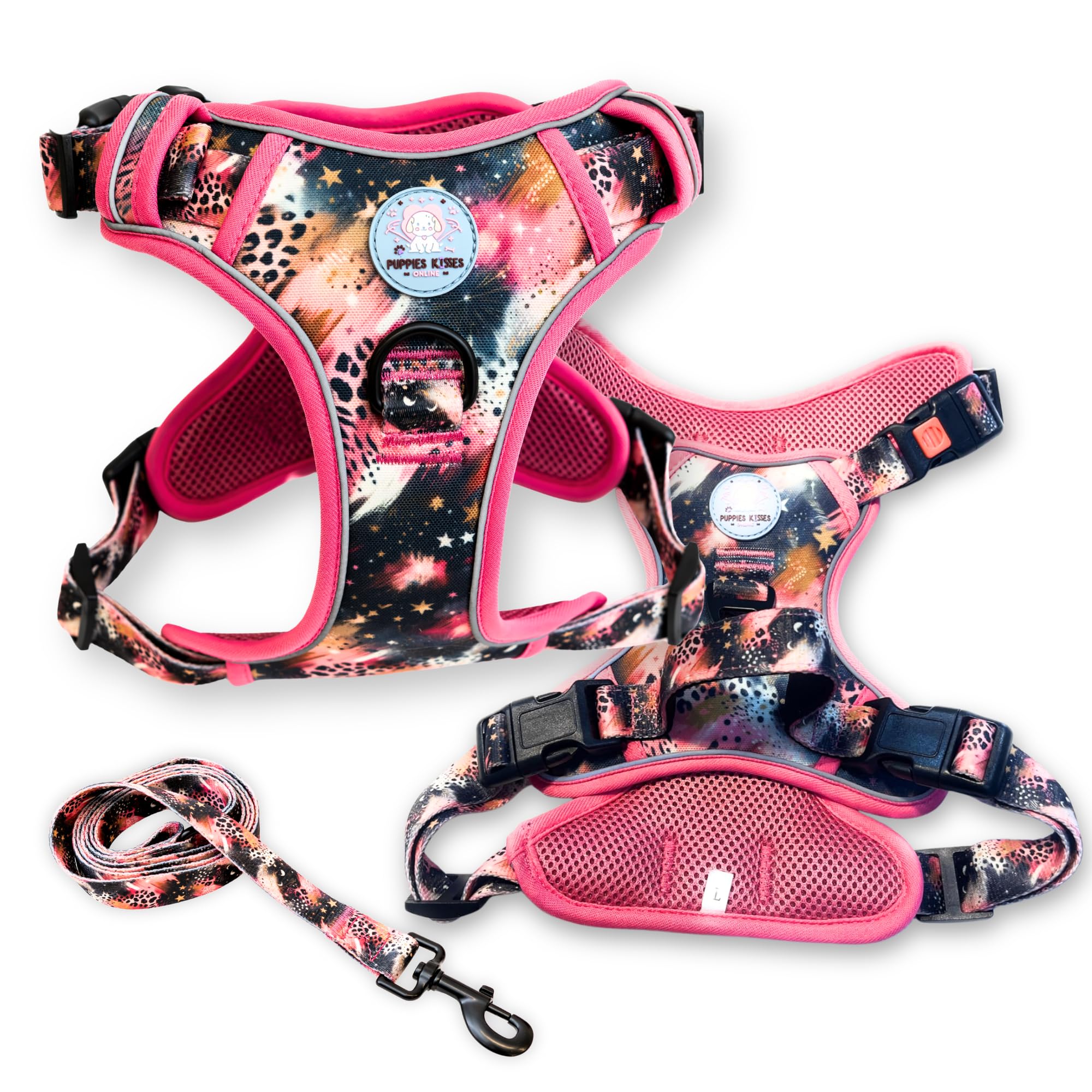 Dog harness, leash, and poop bag holder set with pink and black galaxy design on a white background
