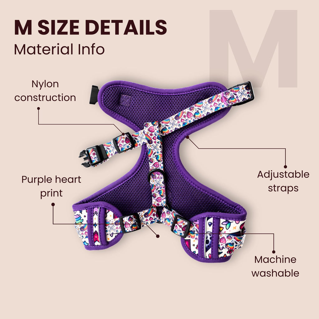 Purple dog harness with floral pattern and material details on a beige background