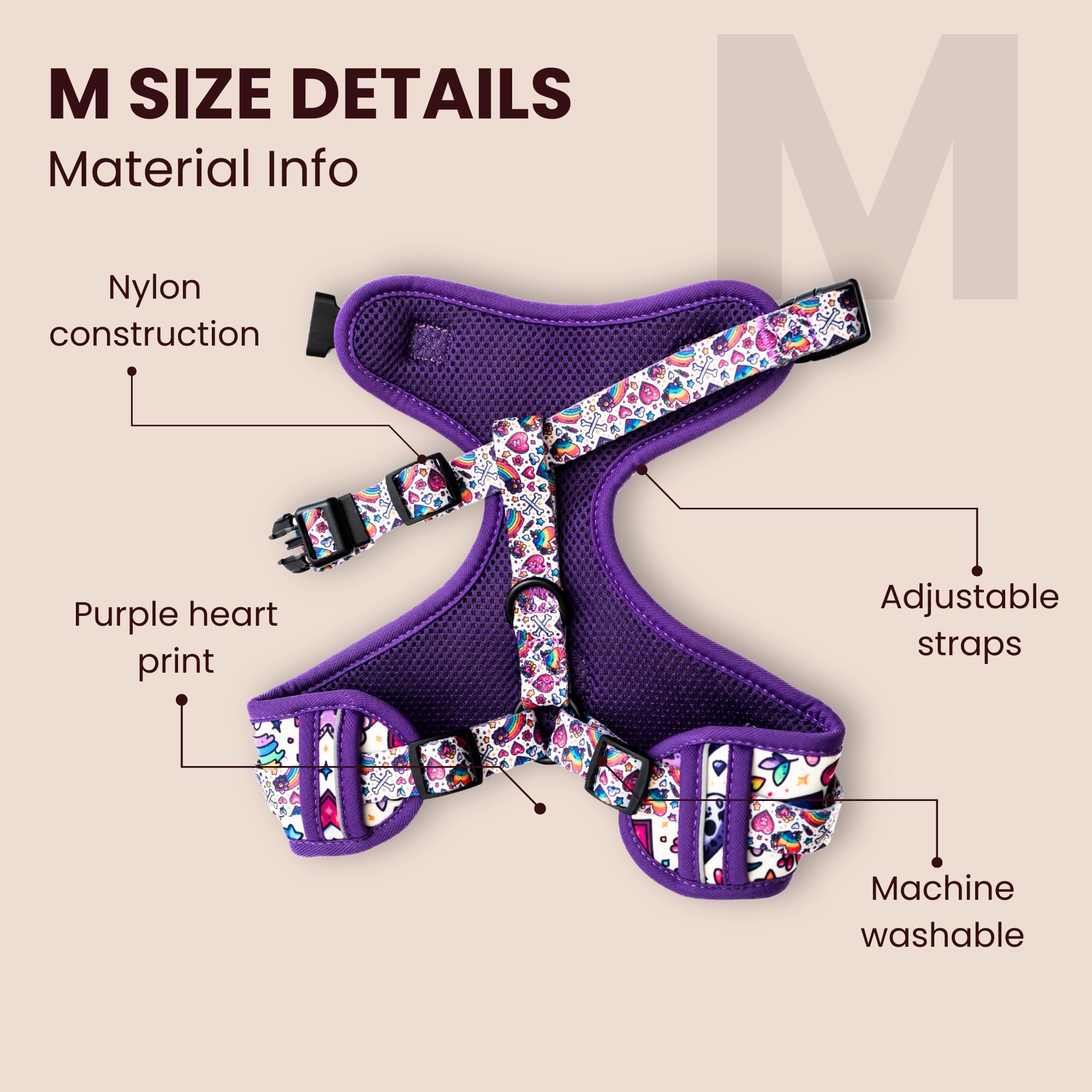Purple dog harness with floral pattern and material details on a beige background