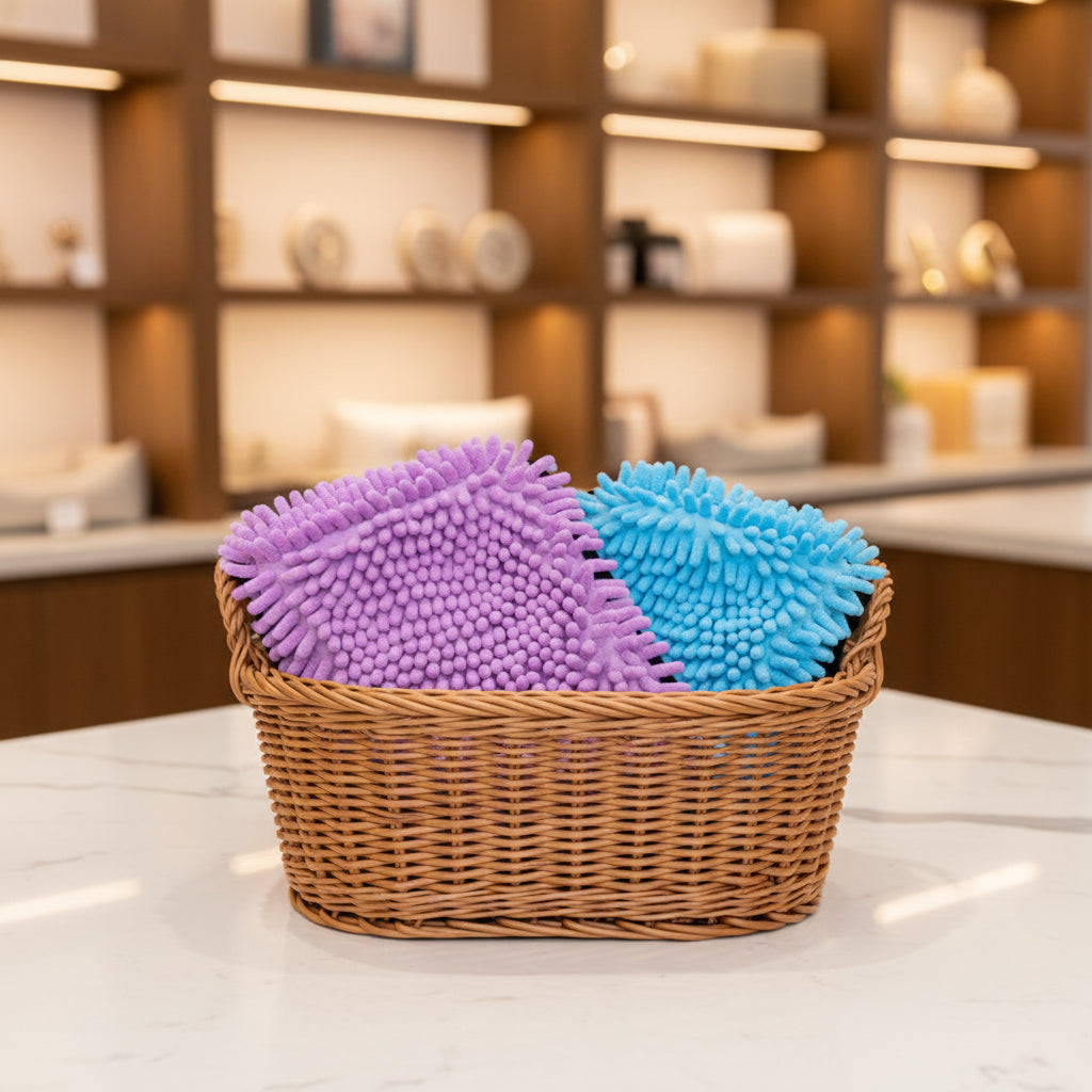 Close-up of purple and blue textured cleaning pads on a white background