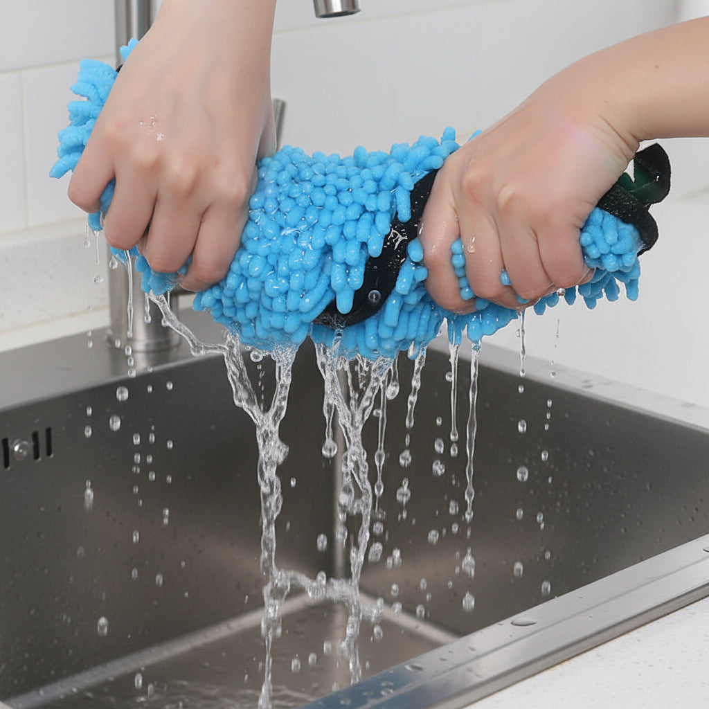 Blue scrubber with water being poured over it, held by hands against a white background
