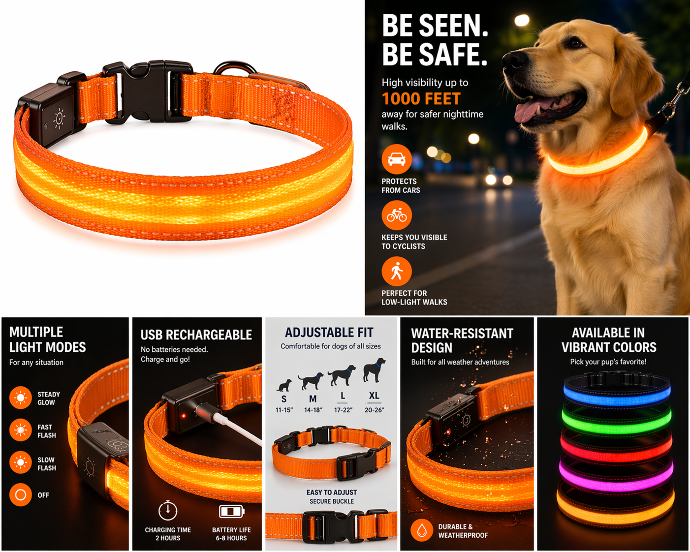 LED Dog Collar Rechargeable – Light Up Pet Collar for Night Safety Walking, Adjustable Waterproof Glow Collar for Small Medium Large Dogs