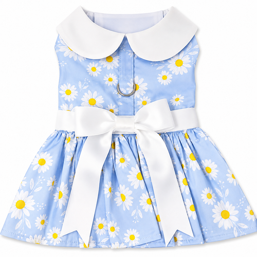 Blue Daisy Dog Dress with Matching Leash