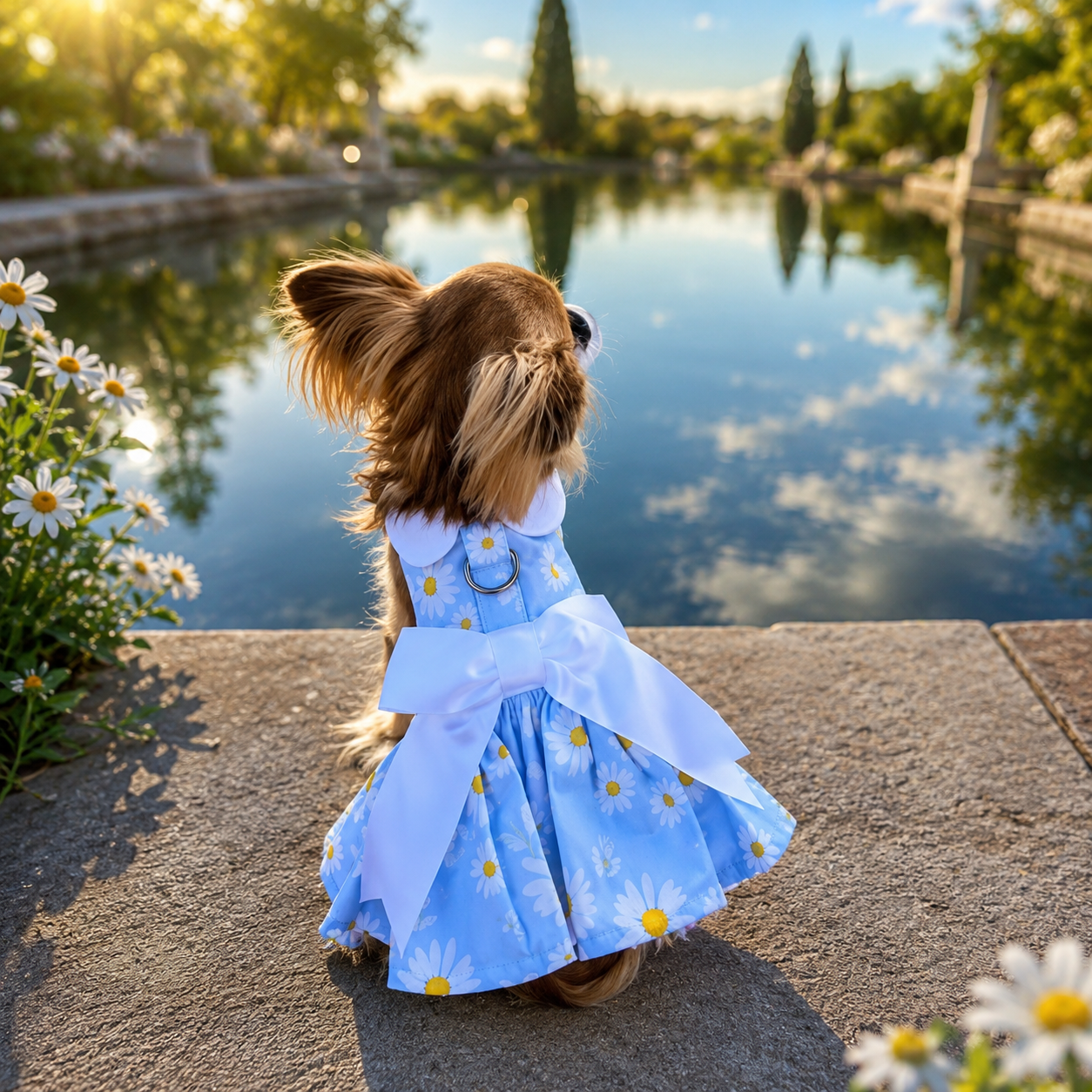 Blue Daisy Dog Dress with Matching Leash