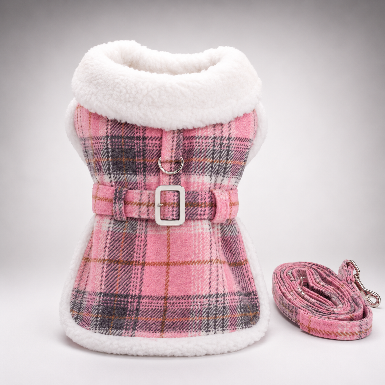 Pink plaid dog harness with white sherpa lining and a matching leash on a light gray background.