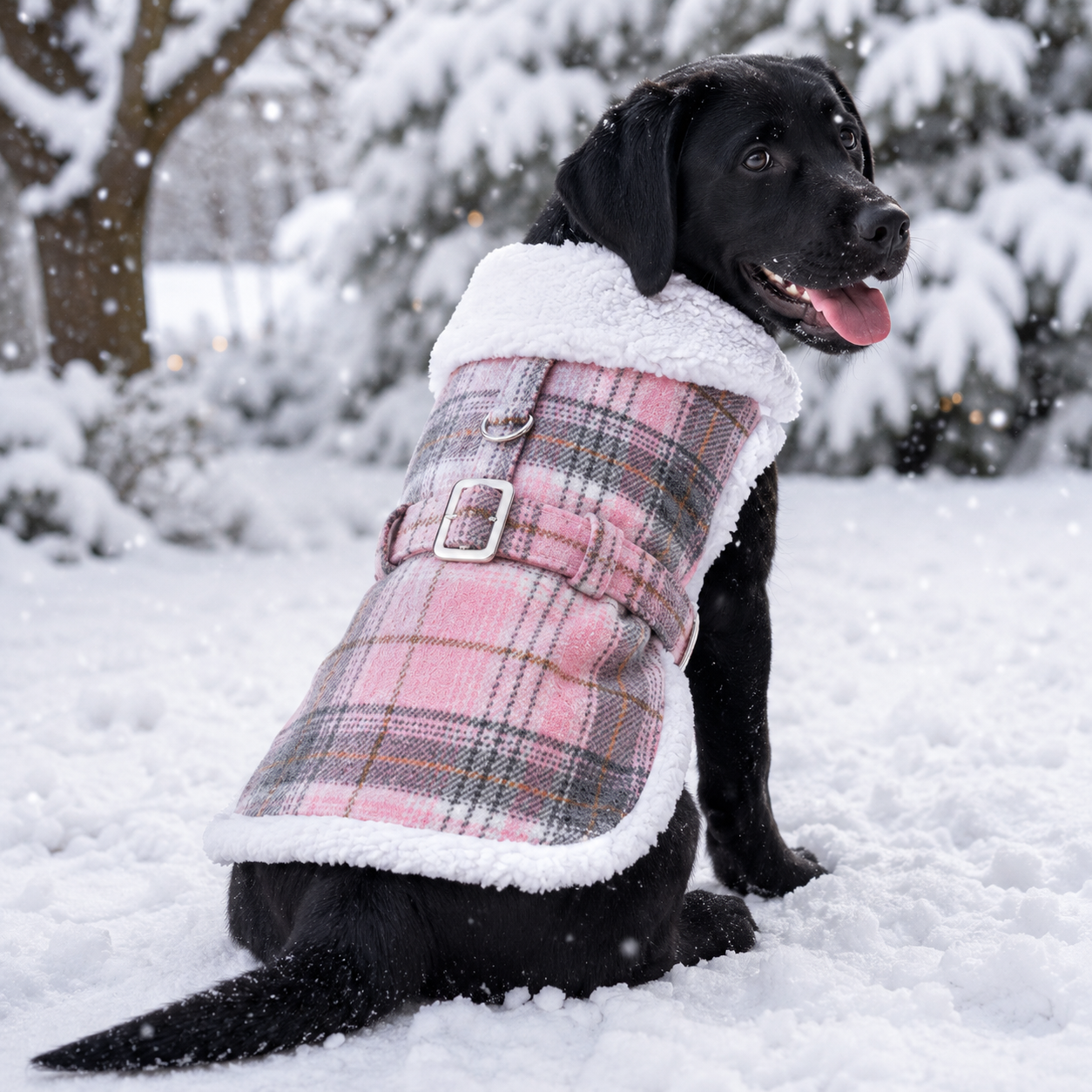 A black dog sitting in the snow wearing a pink plaid winter coat with white sherpa lining and a matching belt buckle.
