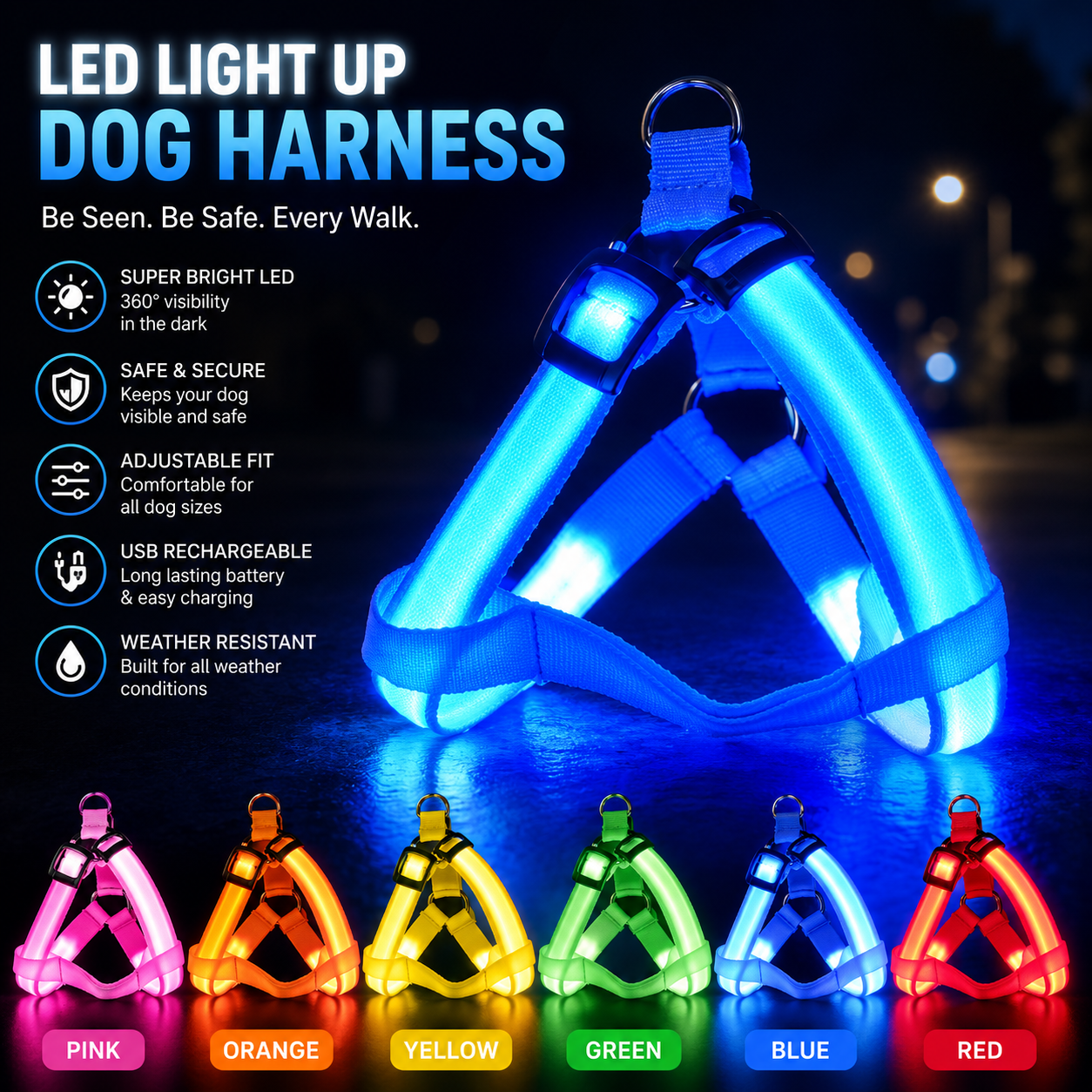LED Glow Dog Harness – No-Pull Night Safety Vest with 3 Light Modes