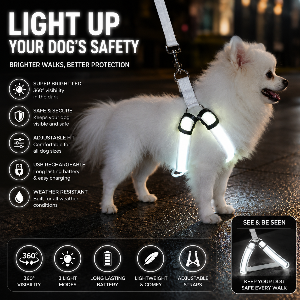LED Glow Dog Harness – No-Pull Night Safety Vest with 3 Light Modes