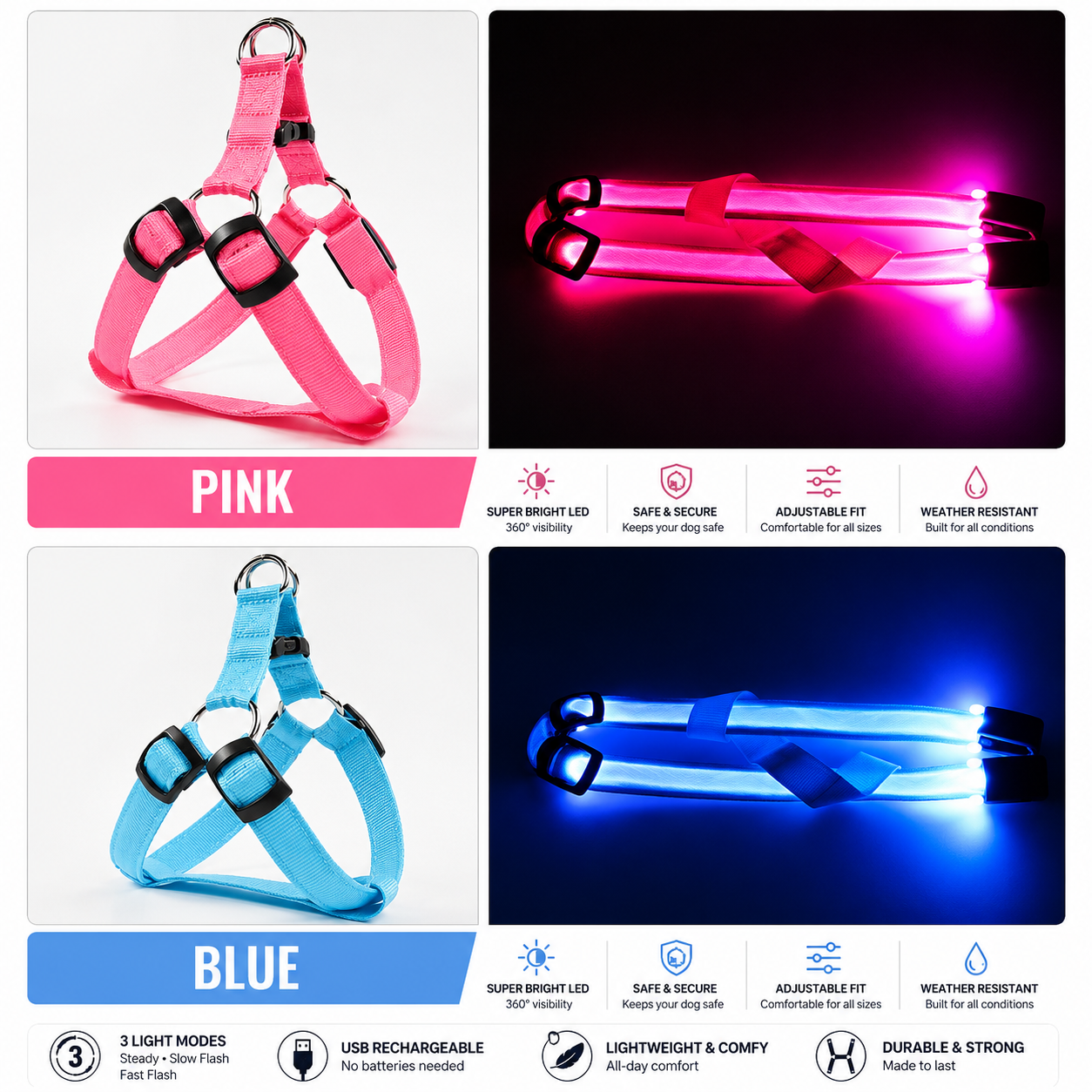 LED Glow Dog Harness – No-Pull Night Safety Vest with 3 Light Modes