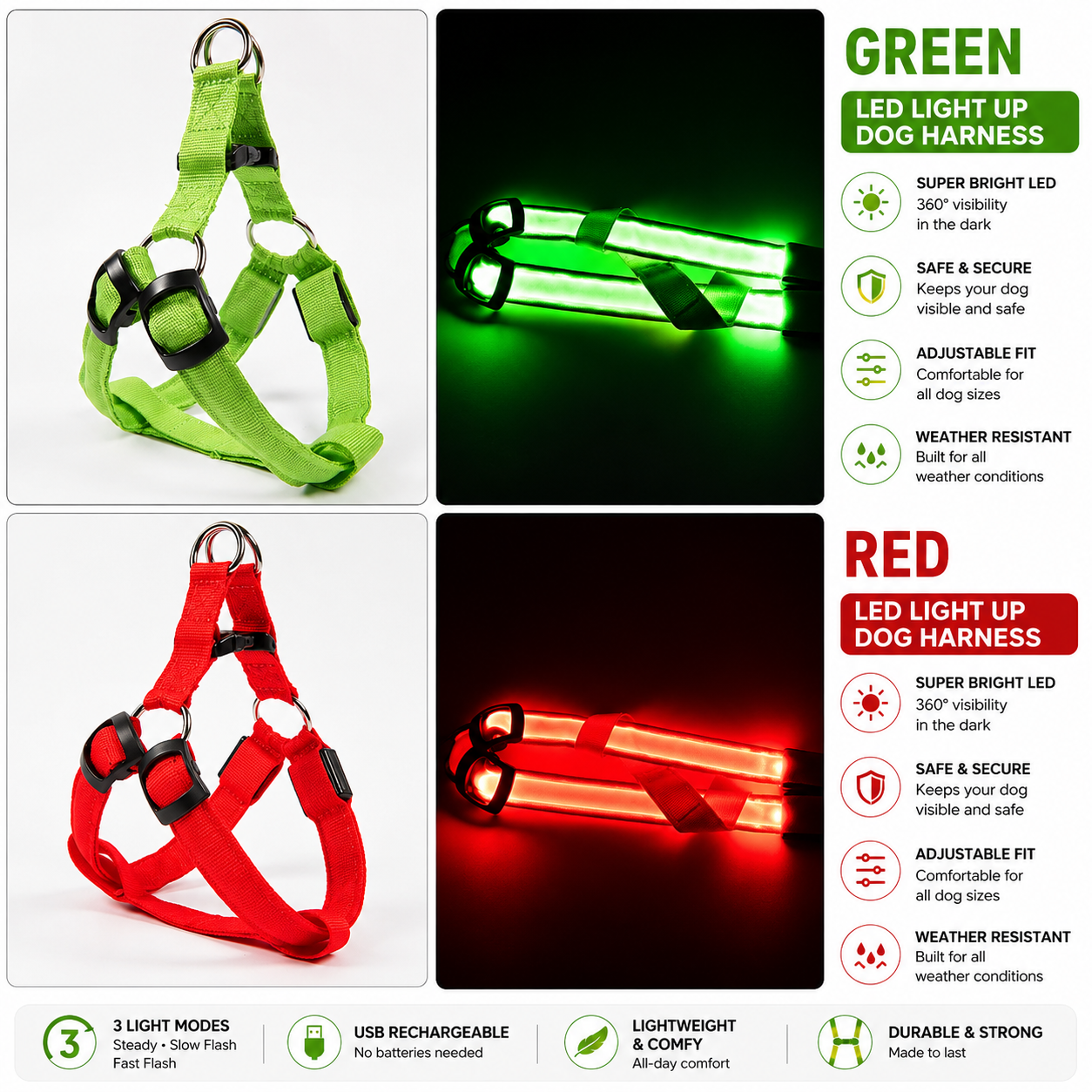 LED Glow Dog Harness – No-Pull Night Safety Vest with 3 Light Modes