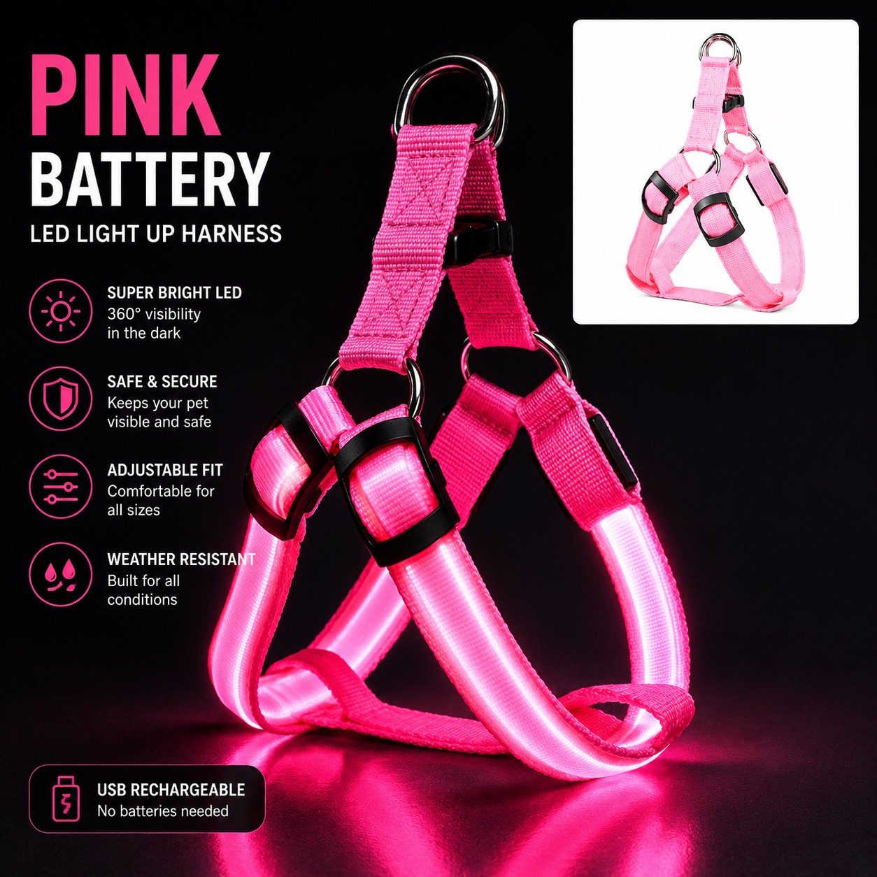 LED Glow Dog Harness – No-Pull Night Safety Vest with 3 Light Modes