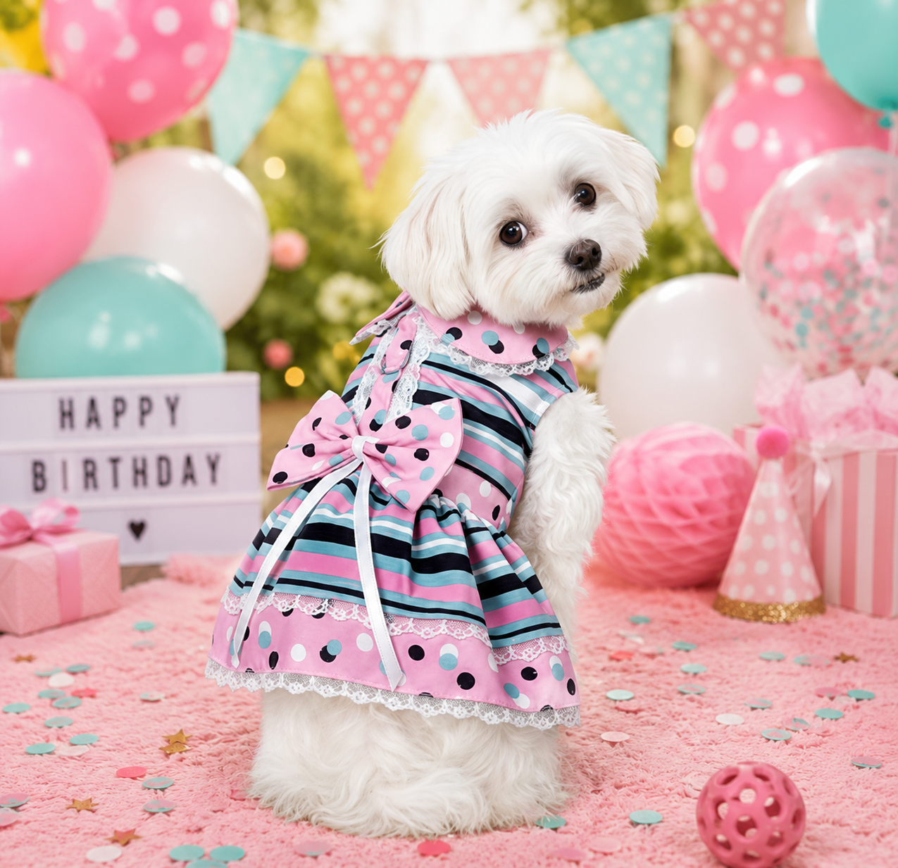 A small white dog wearing a pink, black, and white striped pet dress with a large bow, posed in a festive birthday party setting with balloons, a 'HAPPY BIRTHDAY' sign, and party hats.