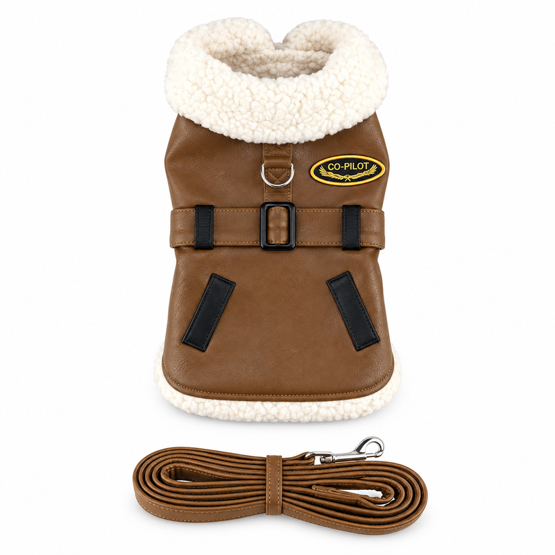 Brown & Black Faux Leather Bomber Dog Coat with Leash