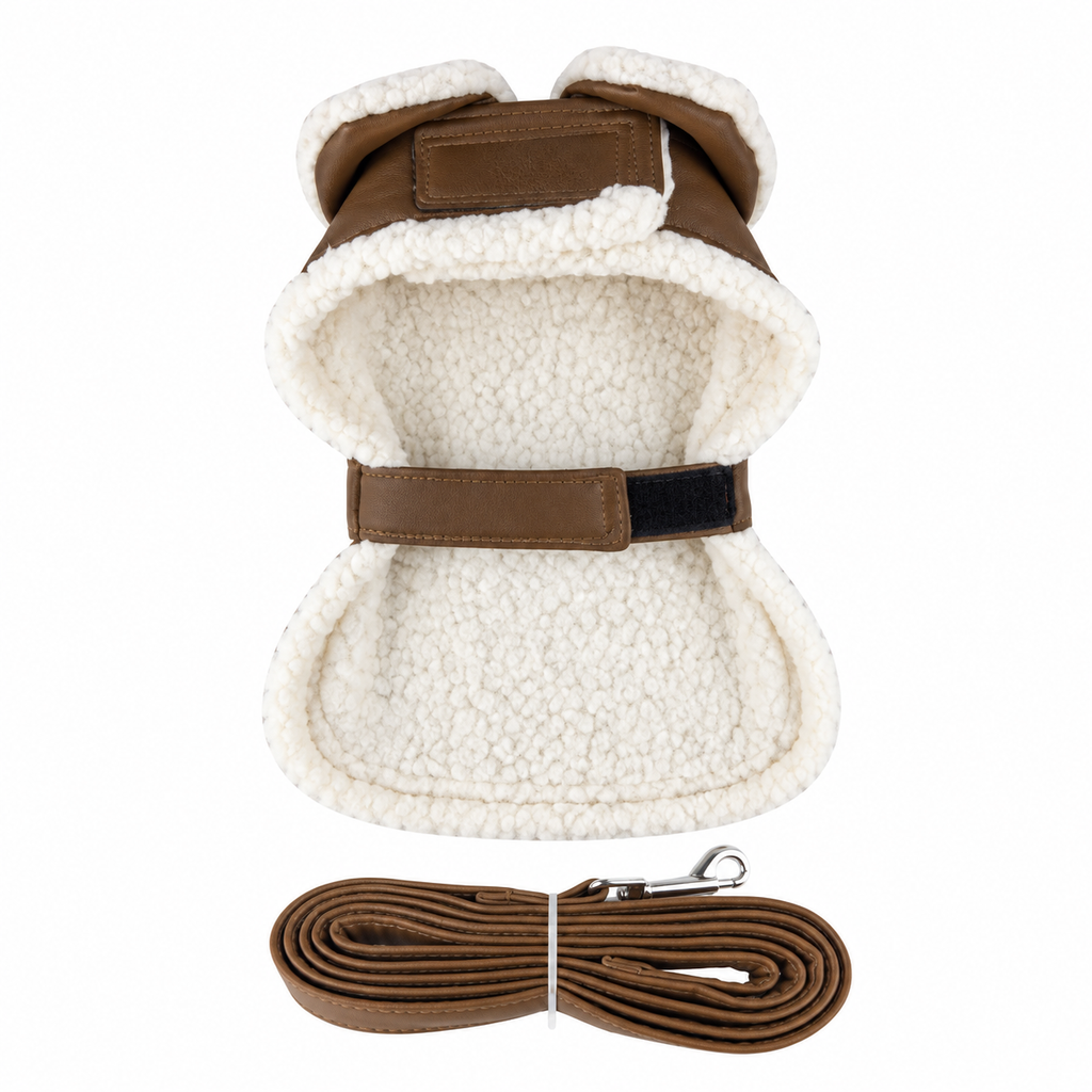 Brown & Black Faux Leather Bomber Dog Coat with Leash