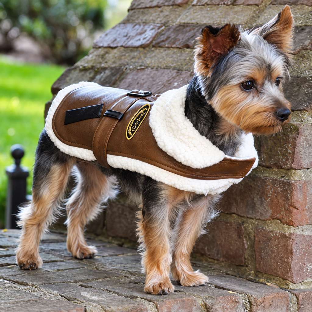 Brown & Black Faux Leather Bomber Dog Coat with Leash