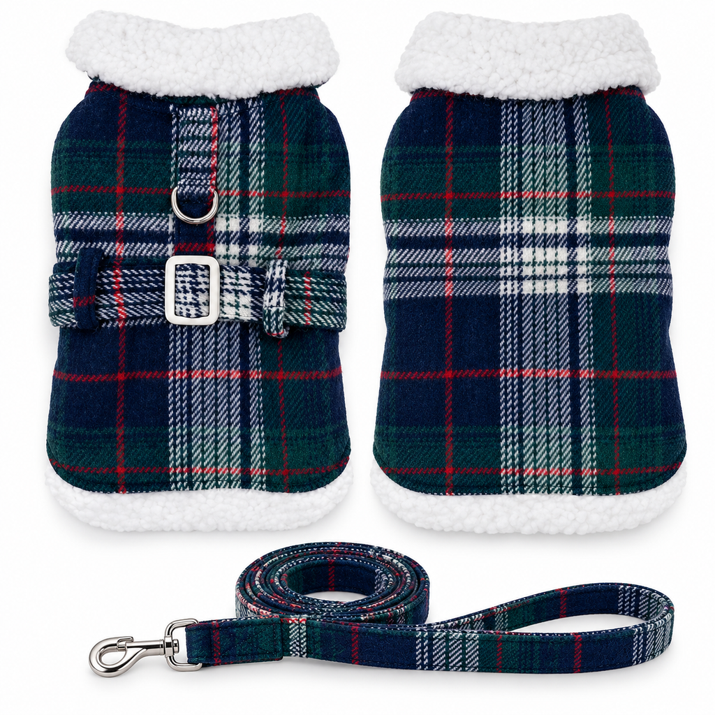 Sherpa-Lined Dog Harness Coat – Blue & Green Plaid