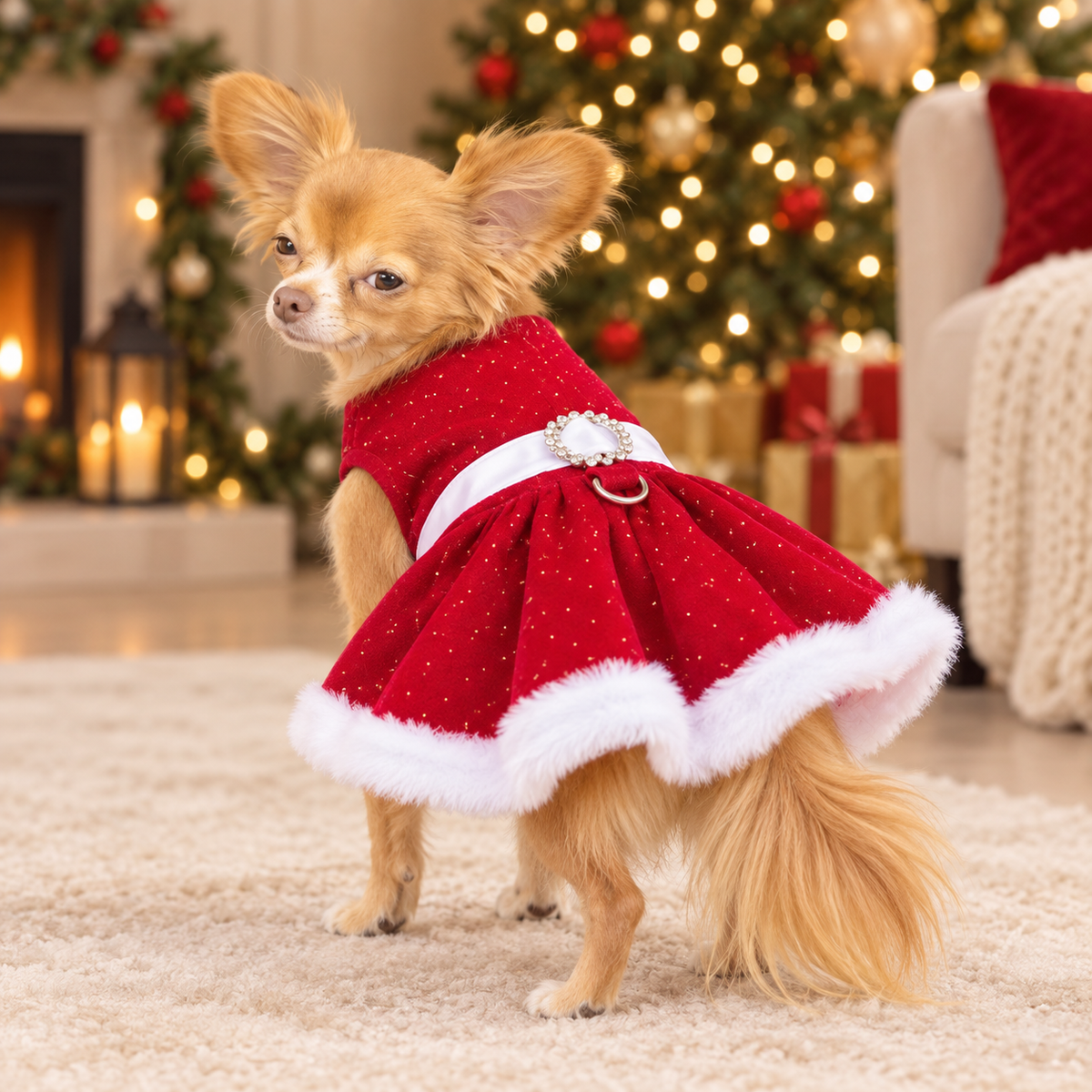 Christmas Holiday Dog Harness Dress – Red Velvet Sparkle