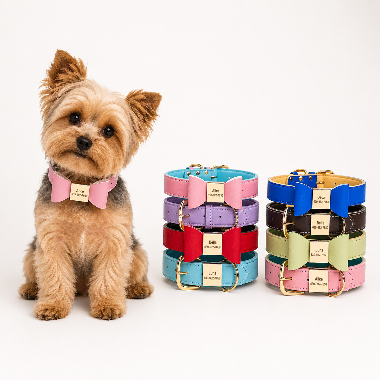 Personalized Engraved Bowknot Dog Collar – Soft PU Leather Adjustable Collar for Dogs & Cats