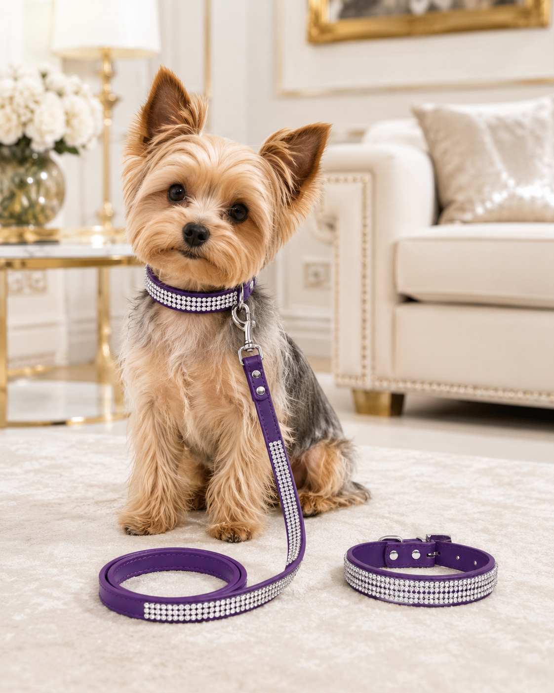 Rhinestone PU Leather Dog Collar & Leash Set – Bling Diamond Walking Lead for Small & Medium Dogs