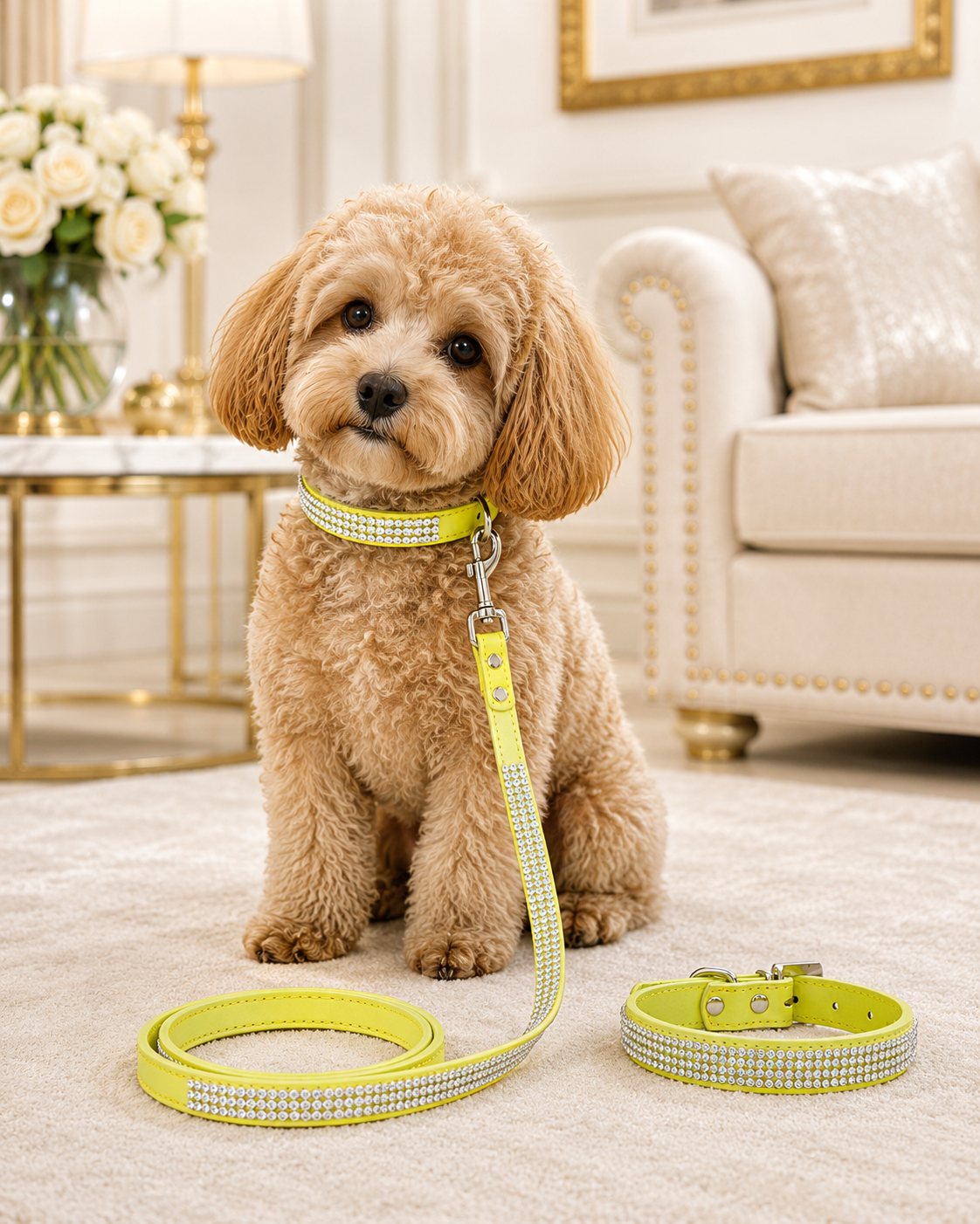 Rhinestone PU Leather Dog Collar & Leash Set – Bling Diamond Walking Lead for Small & Medium Dogs